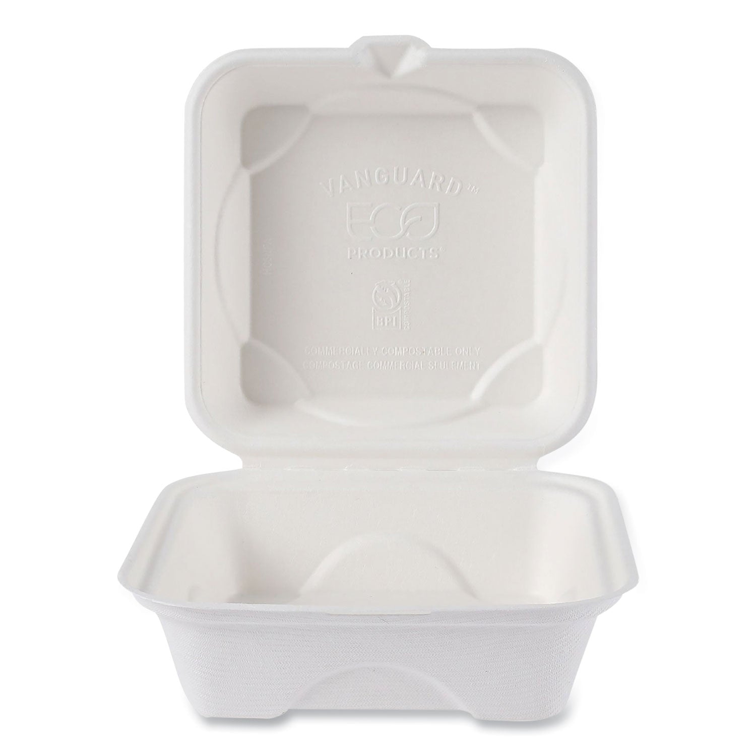 Eco-Products® Vanguard Renewable and Compostable Sugarcane Clamshells, 6 x 6 x 3, White, 500/Carton