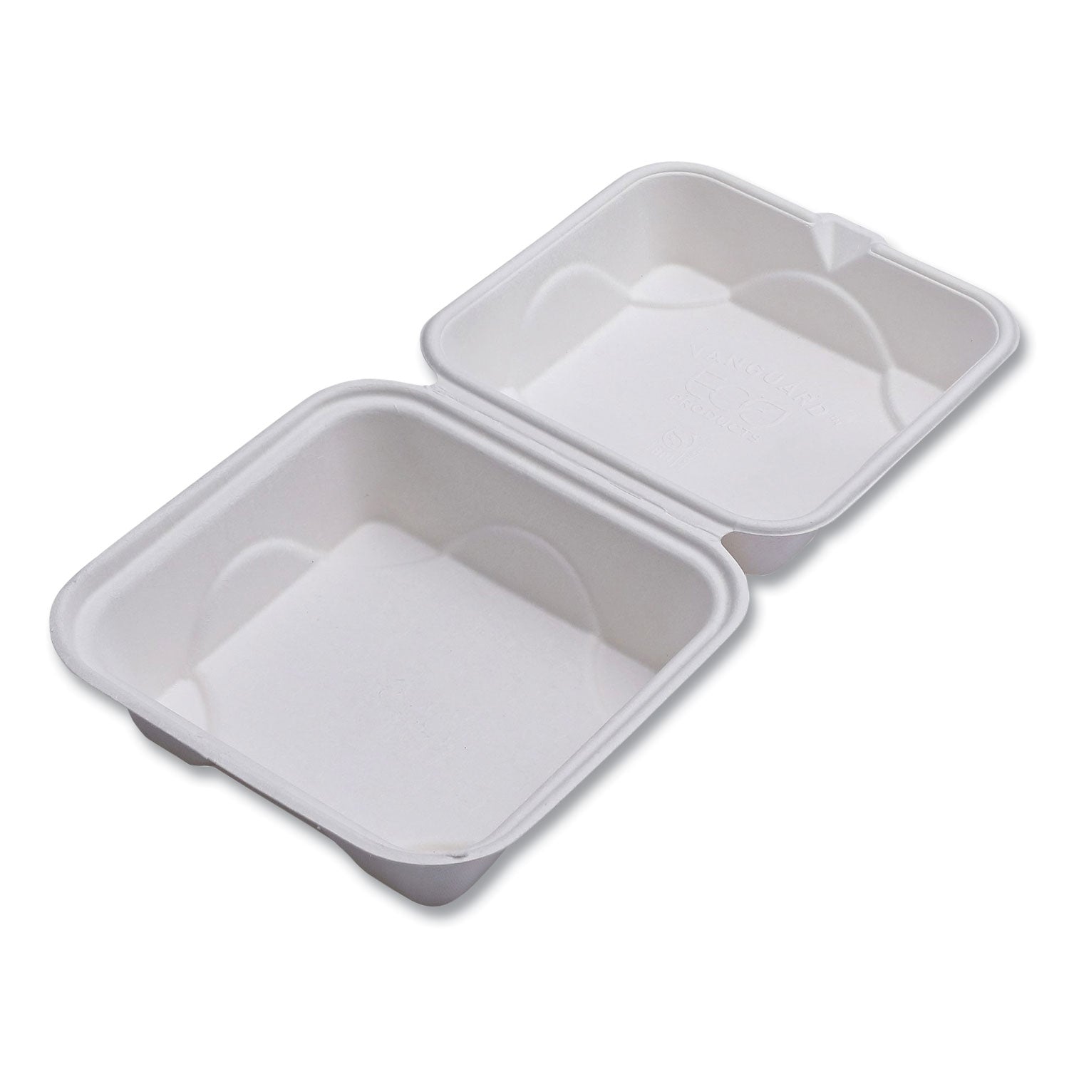 Eco-Products® Vanguard Renewable and Compostable Sugarcane Clamshells, 6 x 6 x 3, White, 500/Carton