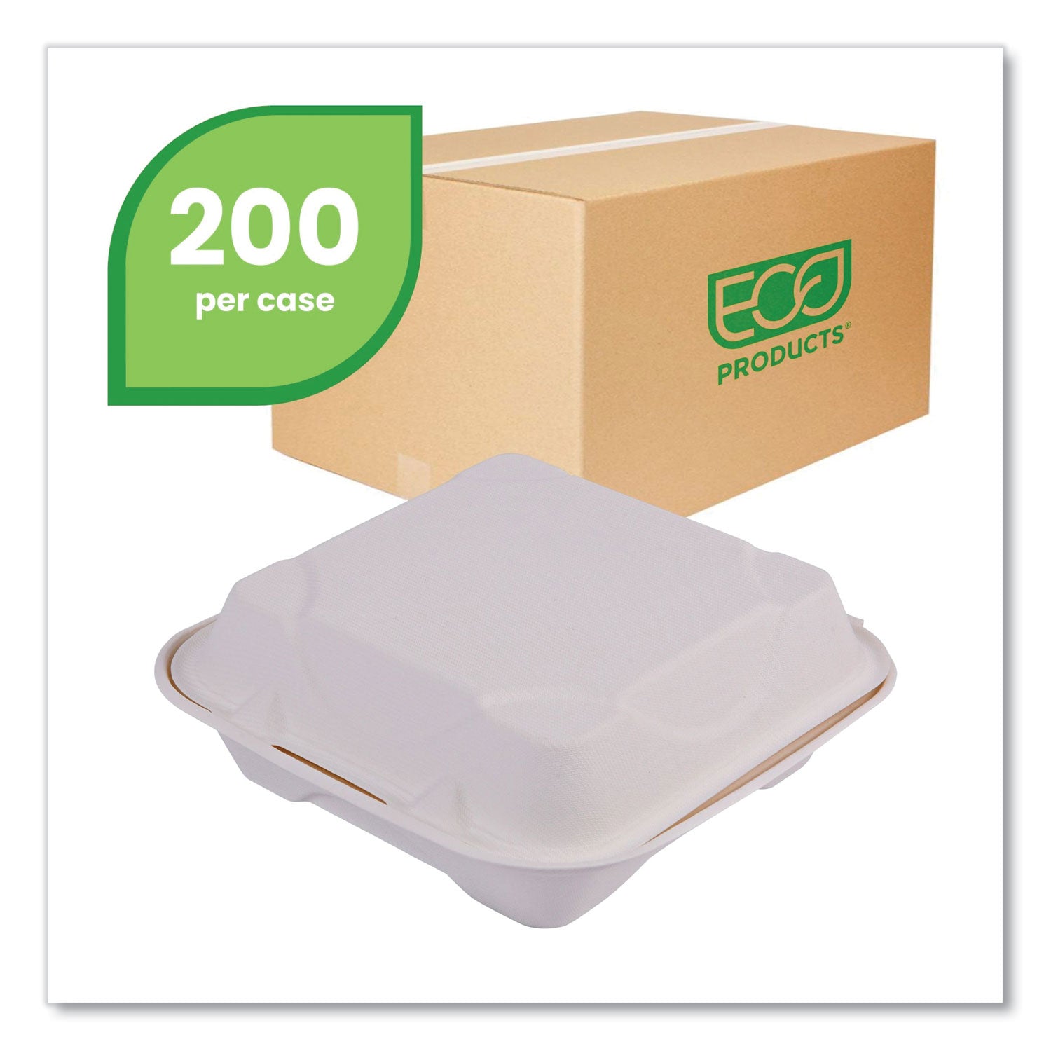 Eco-Products® Vanguard Renewable and Compostable Sugarcane Clamshells, 1-Compartment, 8 x 8 x 3, White, 200/Carton