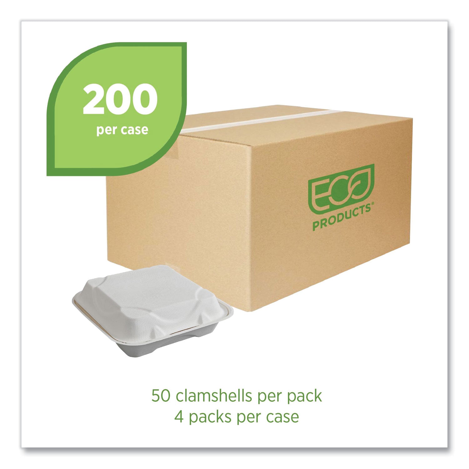 Eco-Products® Vanguard Renewable and Compostable Sugarcane Clamshells, 1-Compartment, 9 x 9 x 3, White, 200/Carton