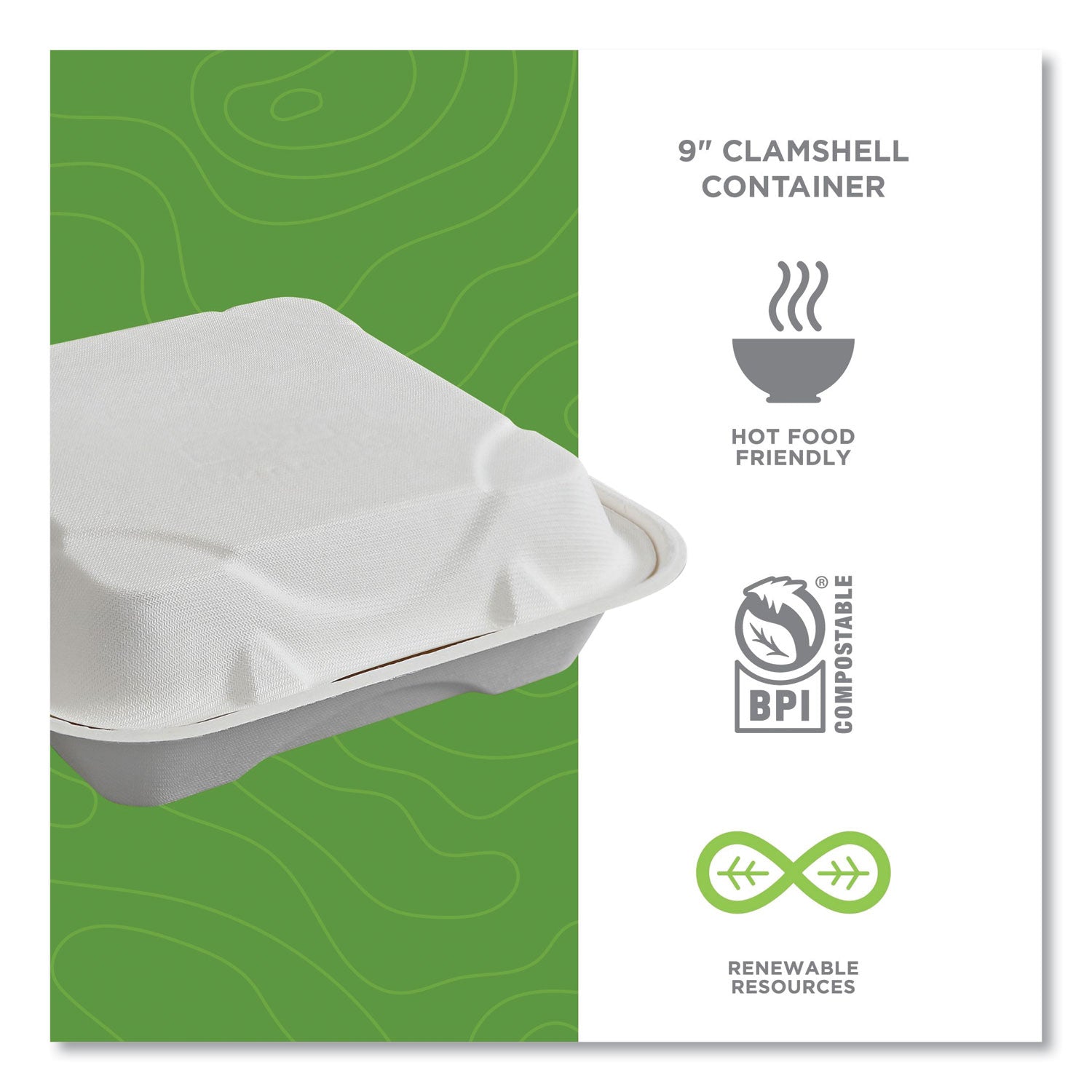 Eco-Products® Vanguard Renewable and Compostable Sugarcane Clamshells, 1-Compartment, 9 x 9 x 3, White, 200/Carton