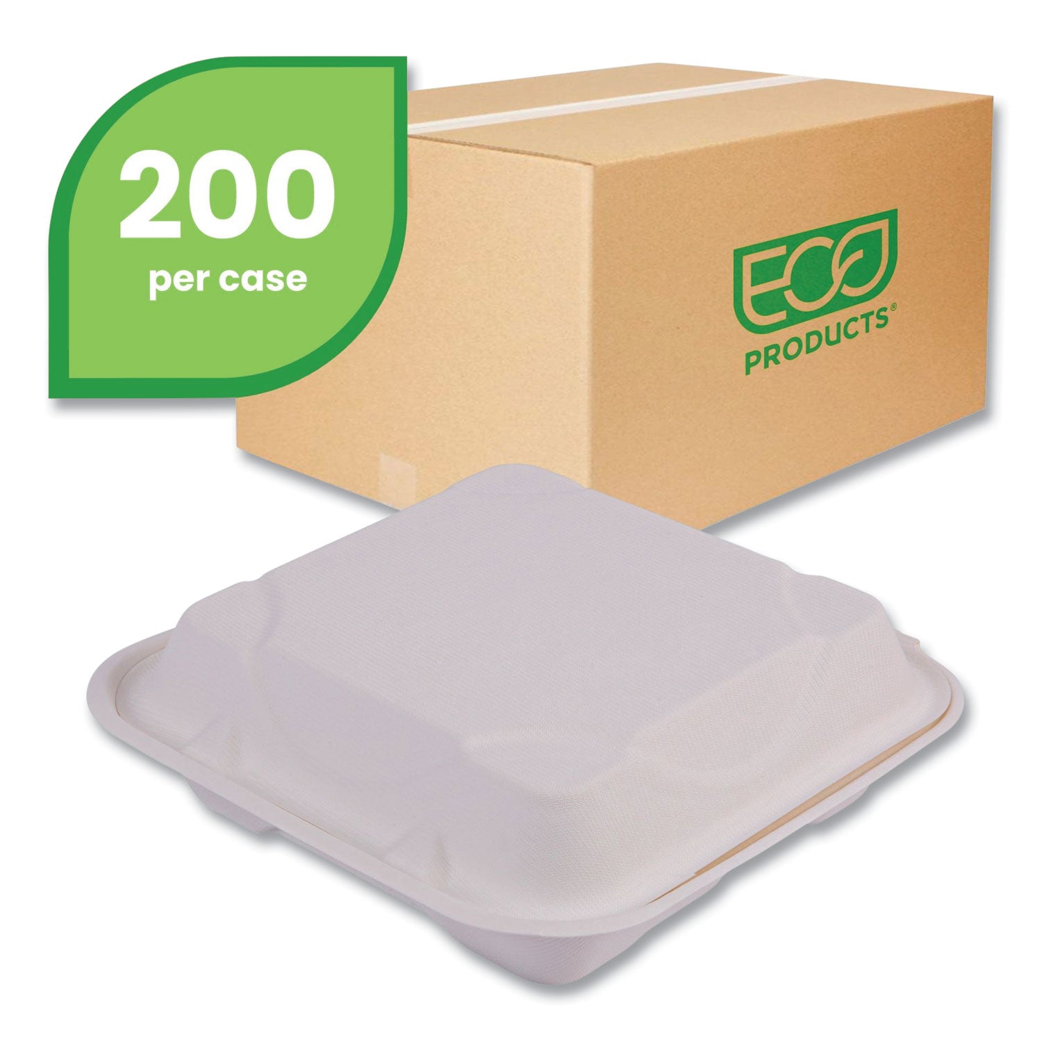 Eco-Products® Vanguard Renewable and Compostable Sugarcane Clamshells, 3-Compartment, 9 x 9 x 3, White, 200/Carton