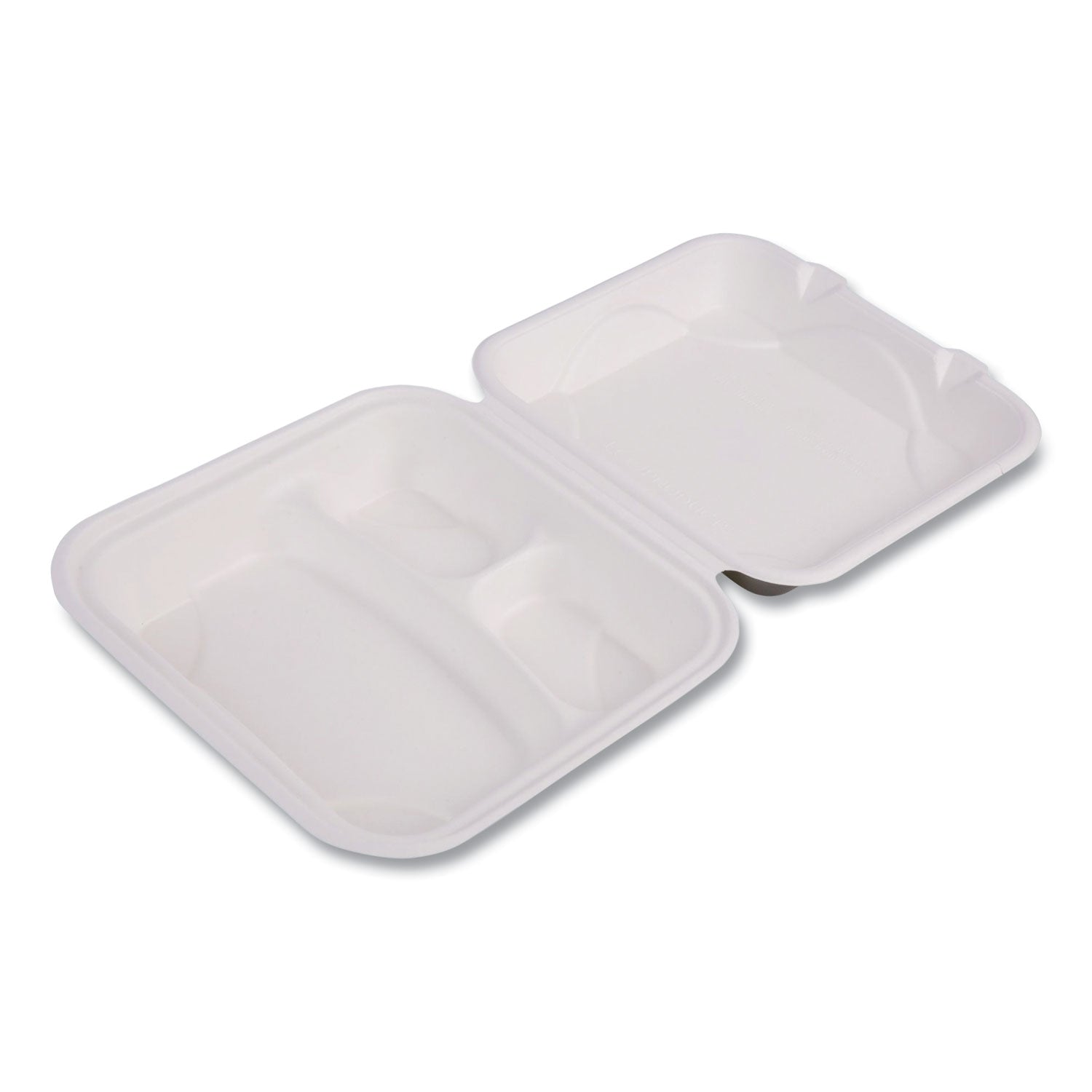 Eco-Products® Vanguard Renewable and Compostable Sugarcane Clamshells, 3-Compartment, 9 x 9 x 3, White, 200/Carton