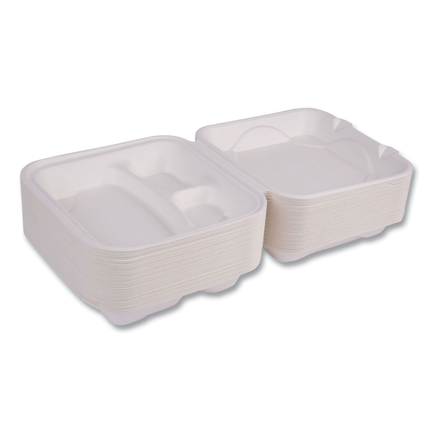 Eco-Products® Vanguard Renewable and Compostable Sugarcane Clamshells, 3-Compartment, 9 x 9 x 3, White, 200/Carton