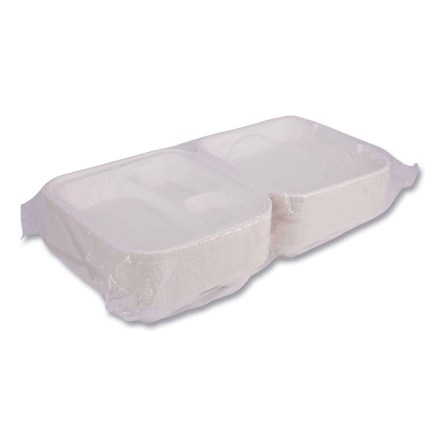 Eco-Products® Vanguard Renewable and Compostable Sugarcane Clamshells, 3-Compartment, 9 x 9 x 3, White, 200/Carton