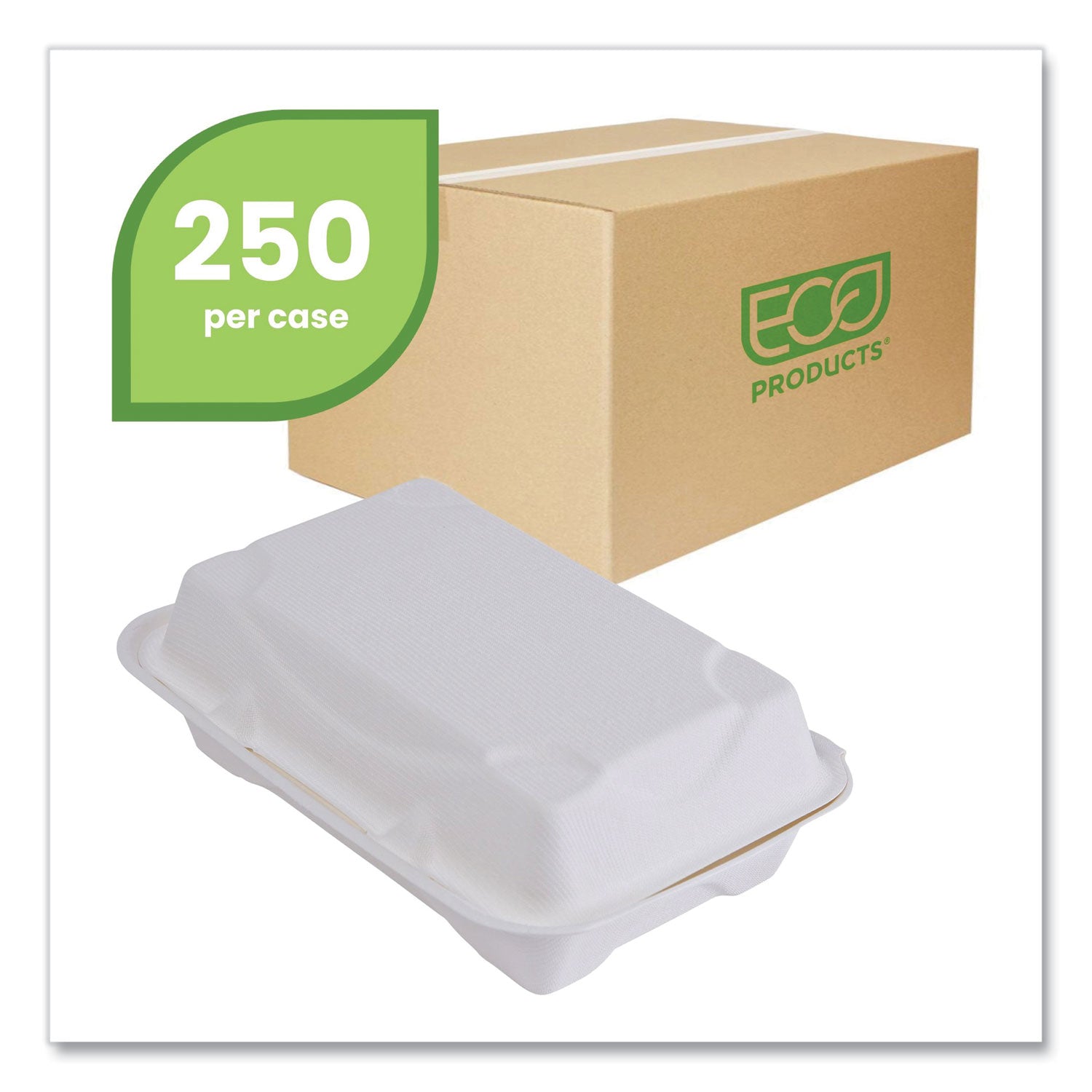 Eco-Products® Vanguard Renewable and Compostable Sugarcane Clamshells, 1-Compartment, 9 x 6 x 3, White, 250/Carton