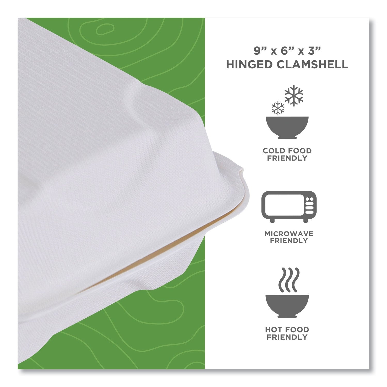 Eco-Products® Vanguard Renewable and Compostable Sugarcane Clamshells, 1-Compartment, 9 x 6 x 3, White, 250/Carton