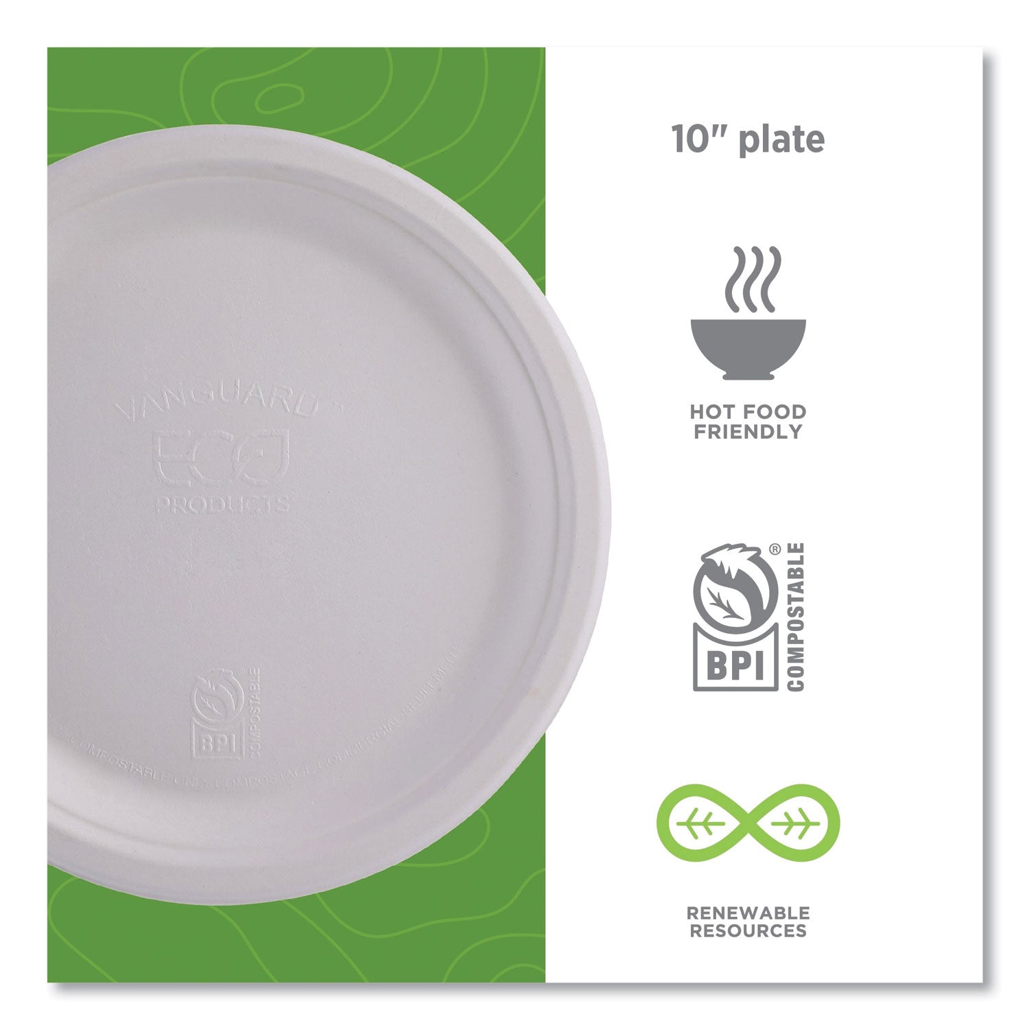 Eco-Products® Vanguard Renewable and Compostable Sugarcane Plates, 10" dia, White, 500/Carton