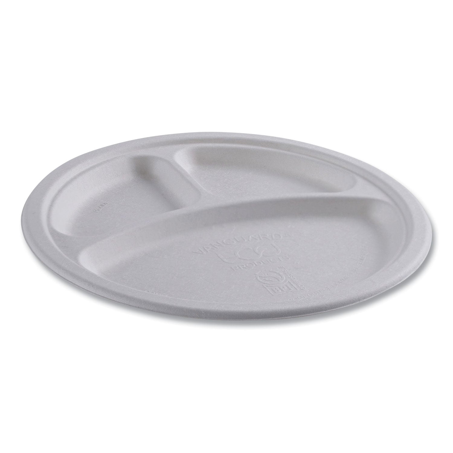 Eco-Products® Vanguard Renewable and Compostable Sugarcane Plates, 3-Compartment, 10" dia, White, 500/Carton