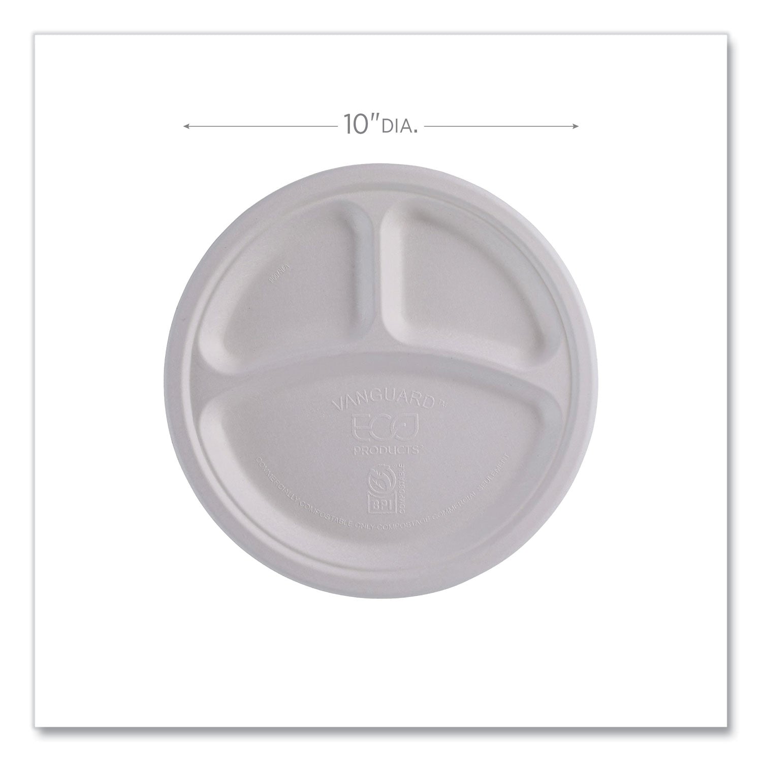 Eco-Products® Vanguard Renewable and Compostable Sugarcane Plates, 3-Compartment, 10" dia, White, 500/Carton