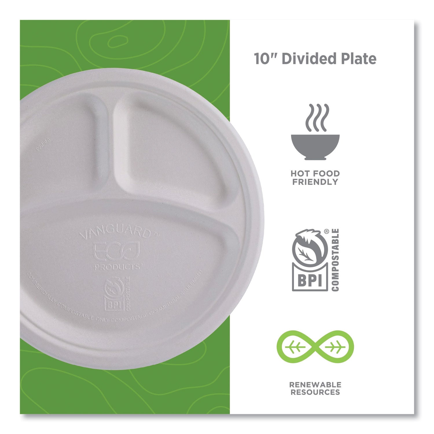 Eco-Products® Vanguard Renewable and Compostable Sugarcane Plates, 3-Compartment, 10" dia, White, 500/Carton