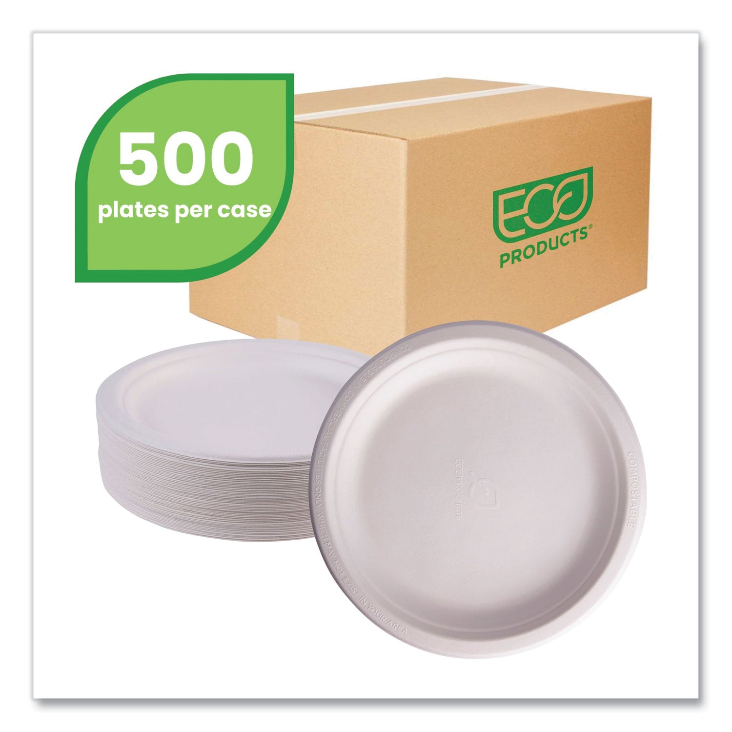 Eco-Products® Vanguard Renewable and Compostable Sugarcane Plates, 9" dia, White, 500/Carton