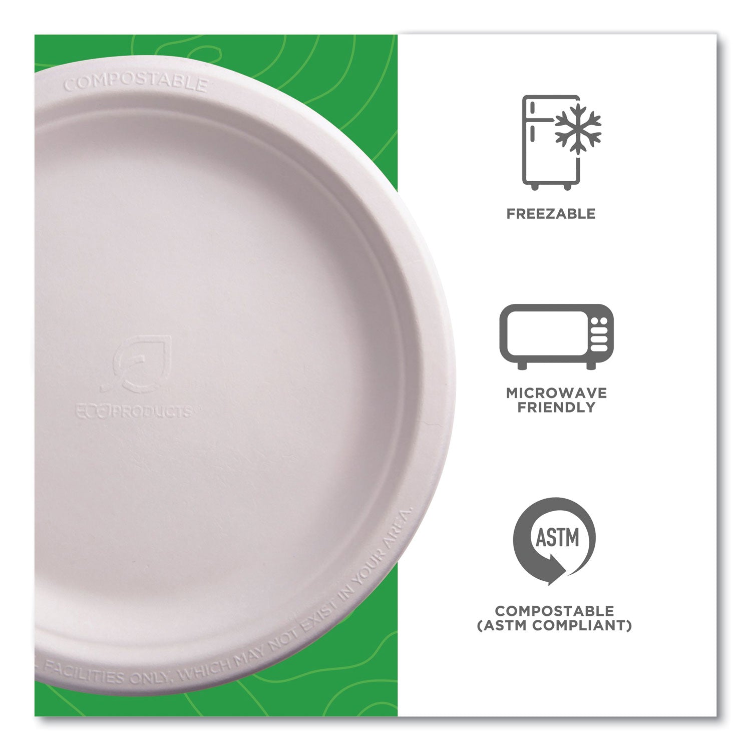 Eco-Products® Vanguard Renewable and Compostable Sugarcane Plates, 9" dia, White, 500/Carton