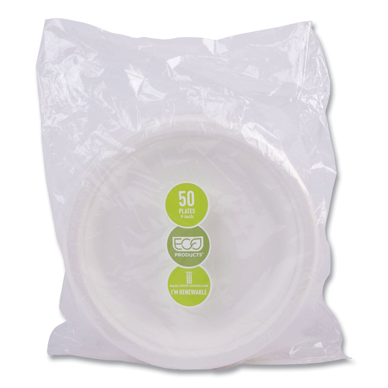 Eco-Products® Vanguard Renewable and Compostable Sugarcane Plates, 9" dia, White, 500/Carton