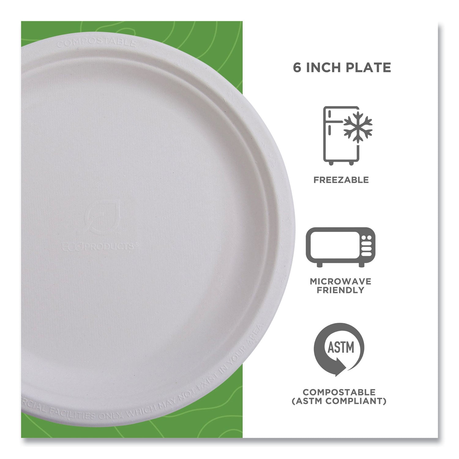 Eco-Products® Vanguard Renewable and Compostable Sugarcane Plates, 6" dia, White, 1,000/Carton