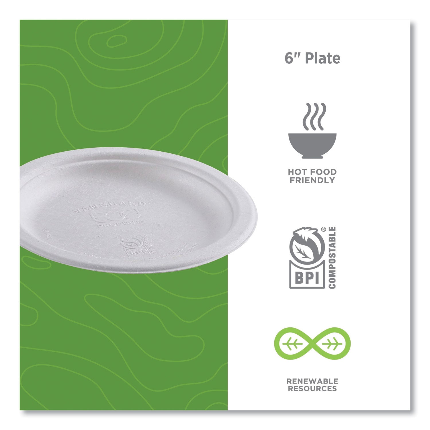 Eco-Products® Vanguard Renewable and Compostable Sugarcane Plates, 6" dia, White, 1,000/Carton