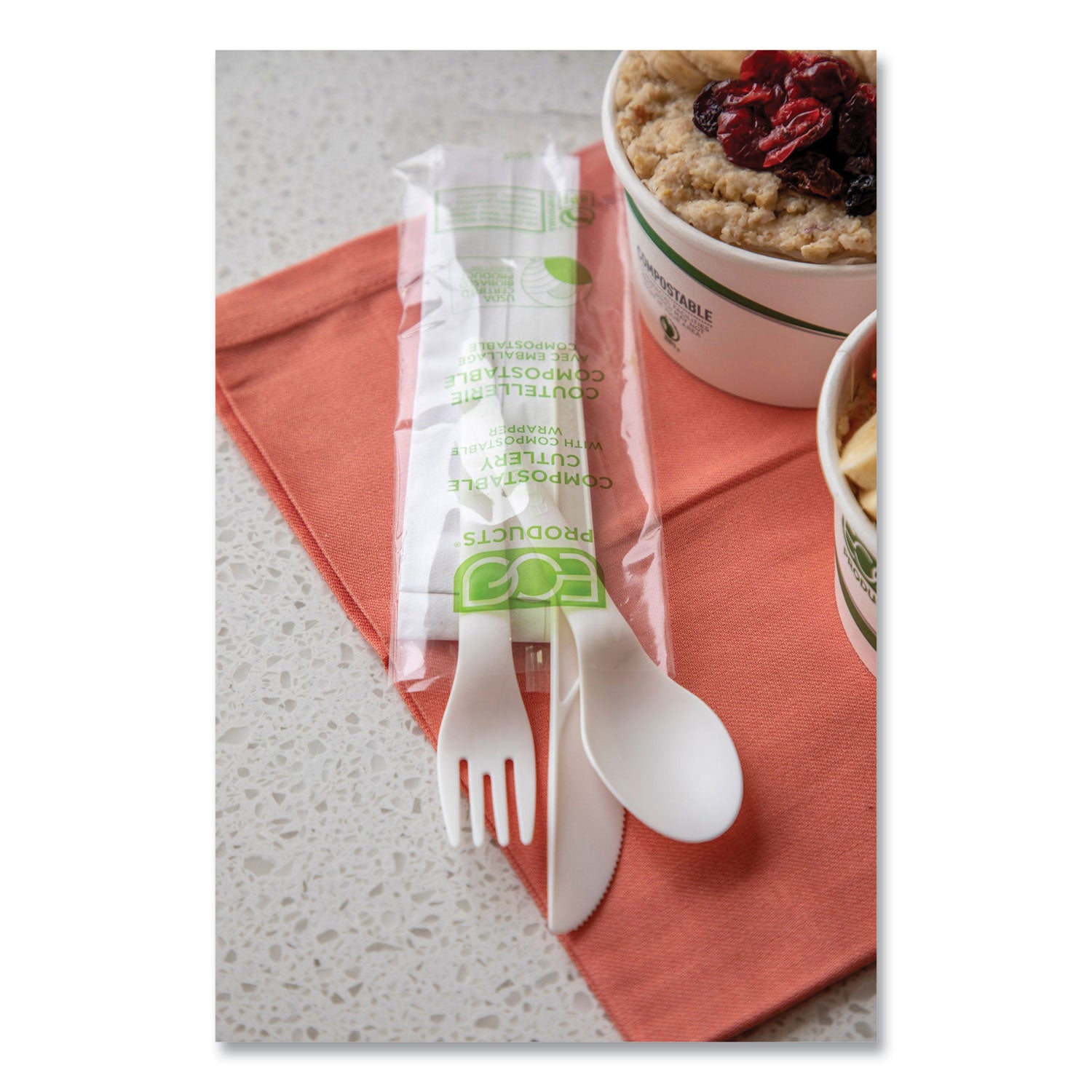 Eco-Products® Plantware Compostable Cutlery Kit, Knife/Fork/Spoon/Napkin, 6", Pearl White, 250 Kits/Carton