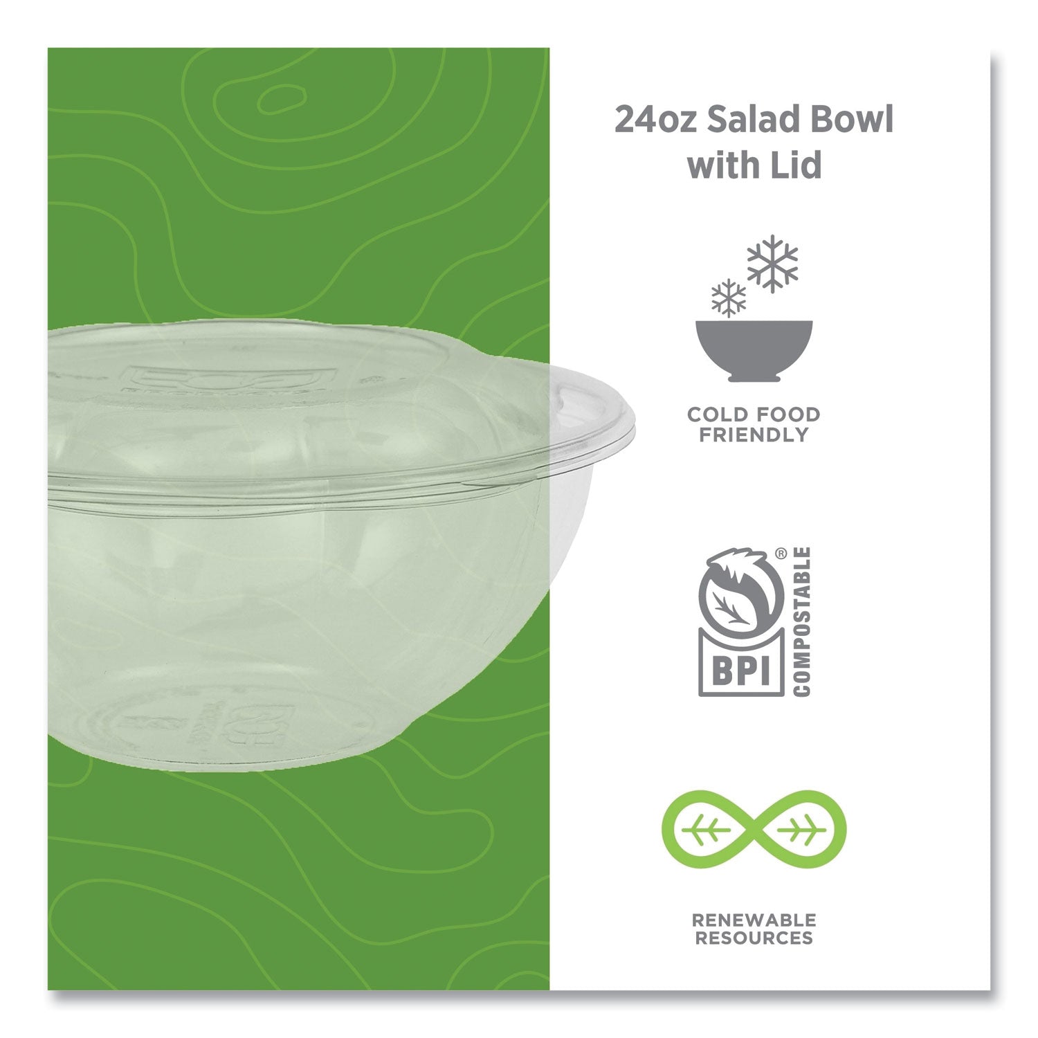 Eco-Products® Renewable and Compostable Salad Bowls with Lids, 24 oz, Clear, Plastic, 50/Pack, 3 Packs/Carton