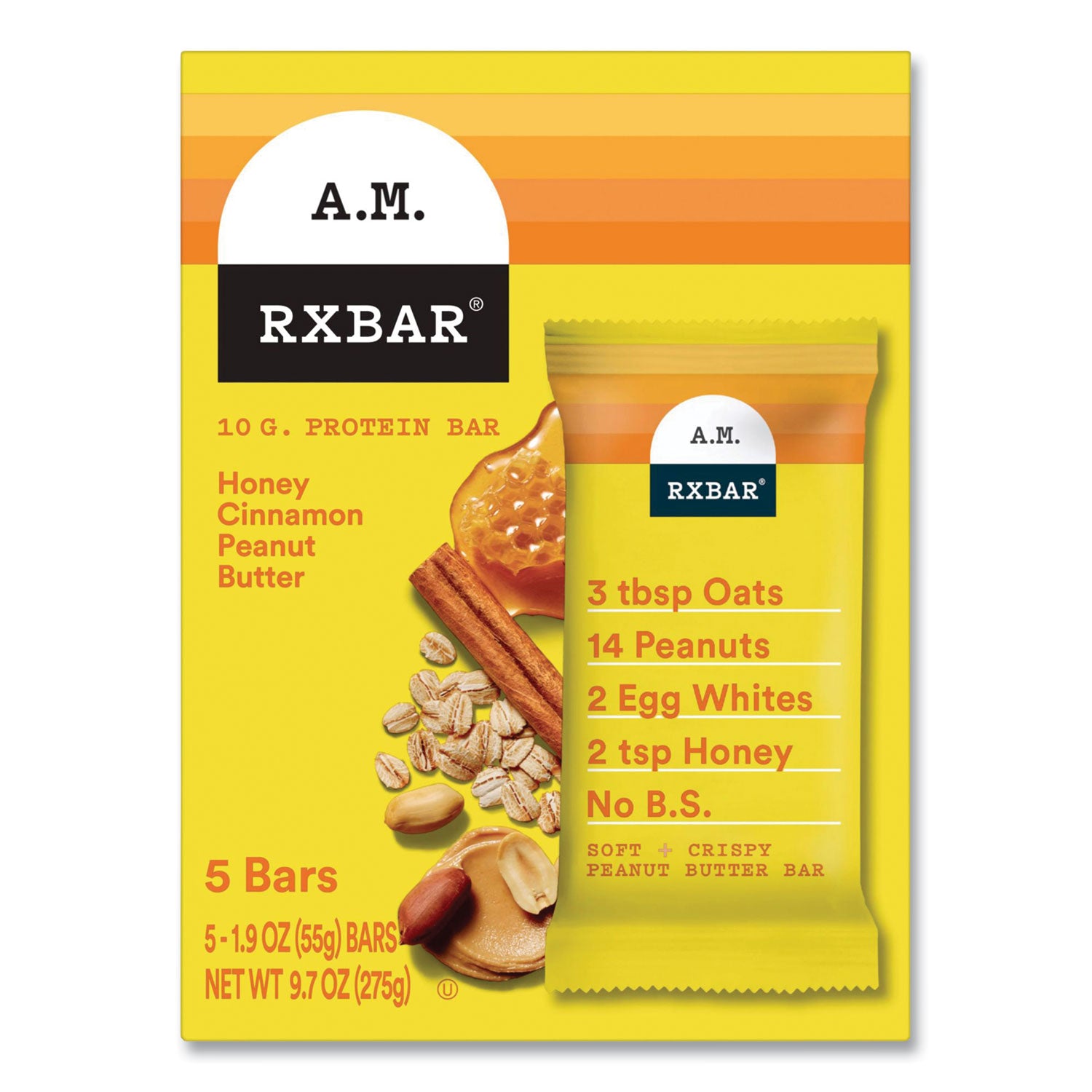 Adult Bars, Honey Cinnamon Peanut Butter, 1.9 oz Bar, 5 Bars/Packs, 2 Packs/Carton A.M. RXBAR® Flipcost