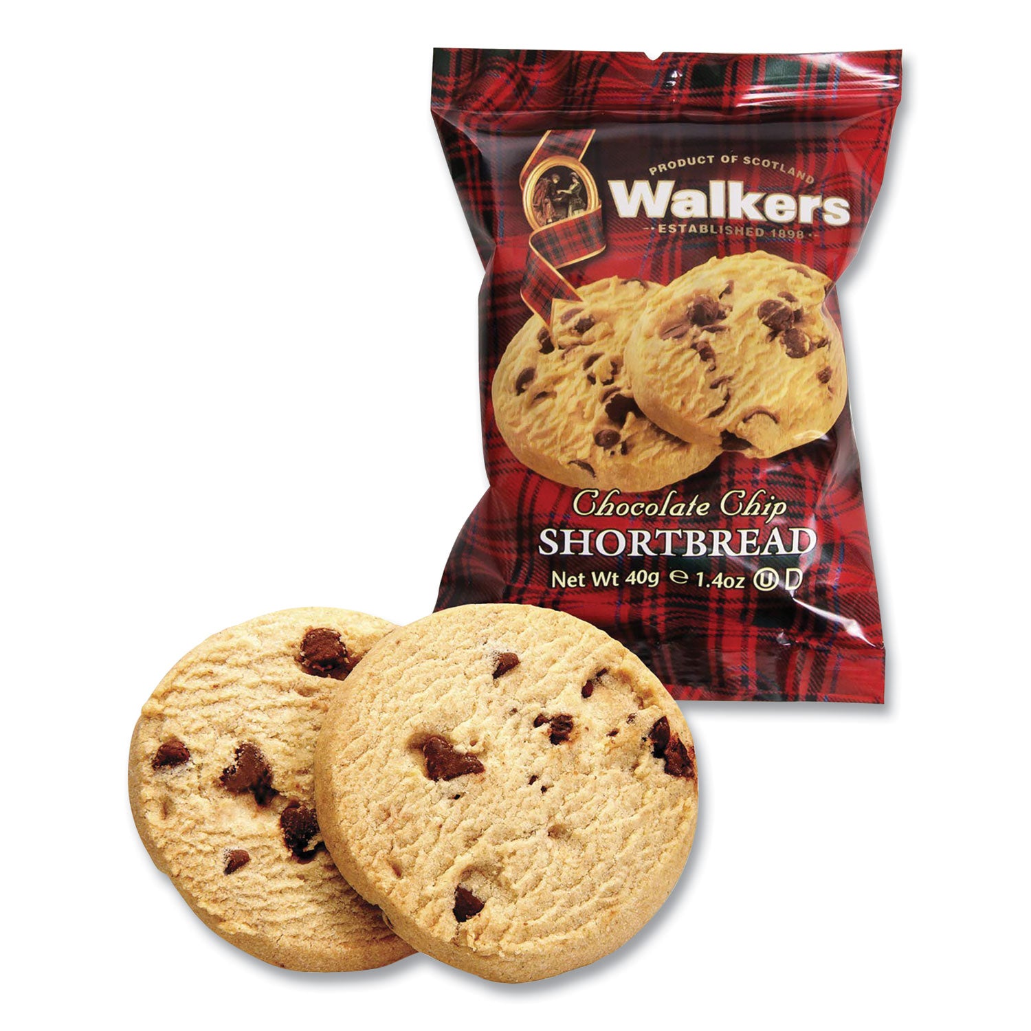 Walkers Shortbread Cookies, Chocolate Chip, 1.4 oz Pack, 2/Pack, 20 Packs/Box