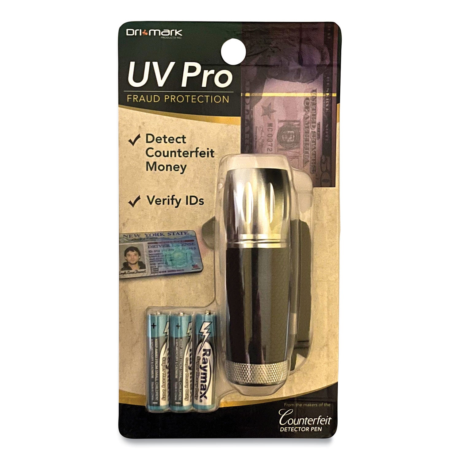 Dri-Mark® UV Pro Ultraviolet Counterfeit Detecto, UV Light; Watermark, U.S.; Most Foreign Currencies, 7.28 x 3.74 x 4.21, Black/Silver