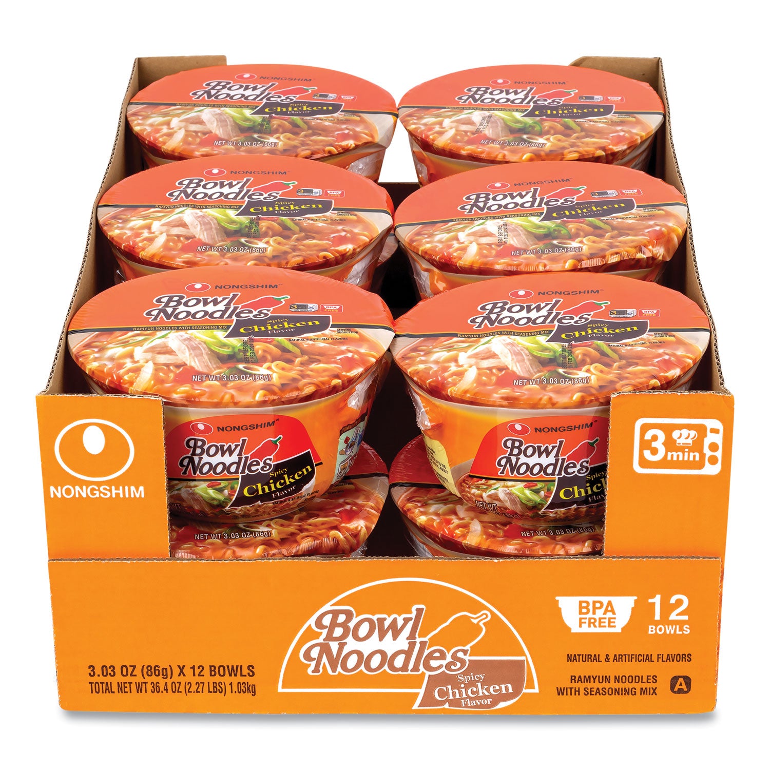 NONGSHIM® Spicy Chicken Bowl Noodle Soup, Chicken, 3.03 oz Cup, 12/Carton