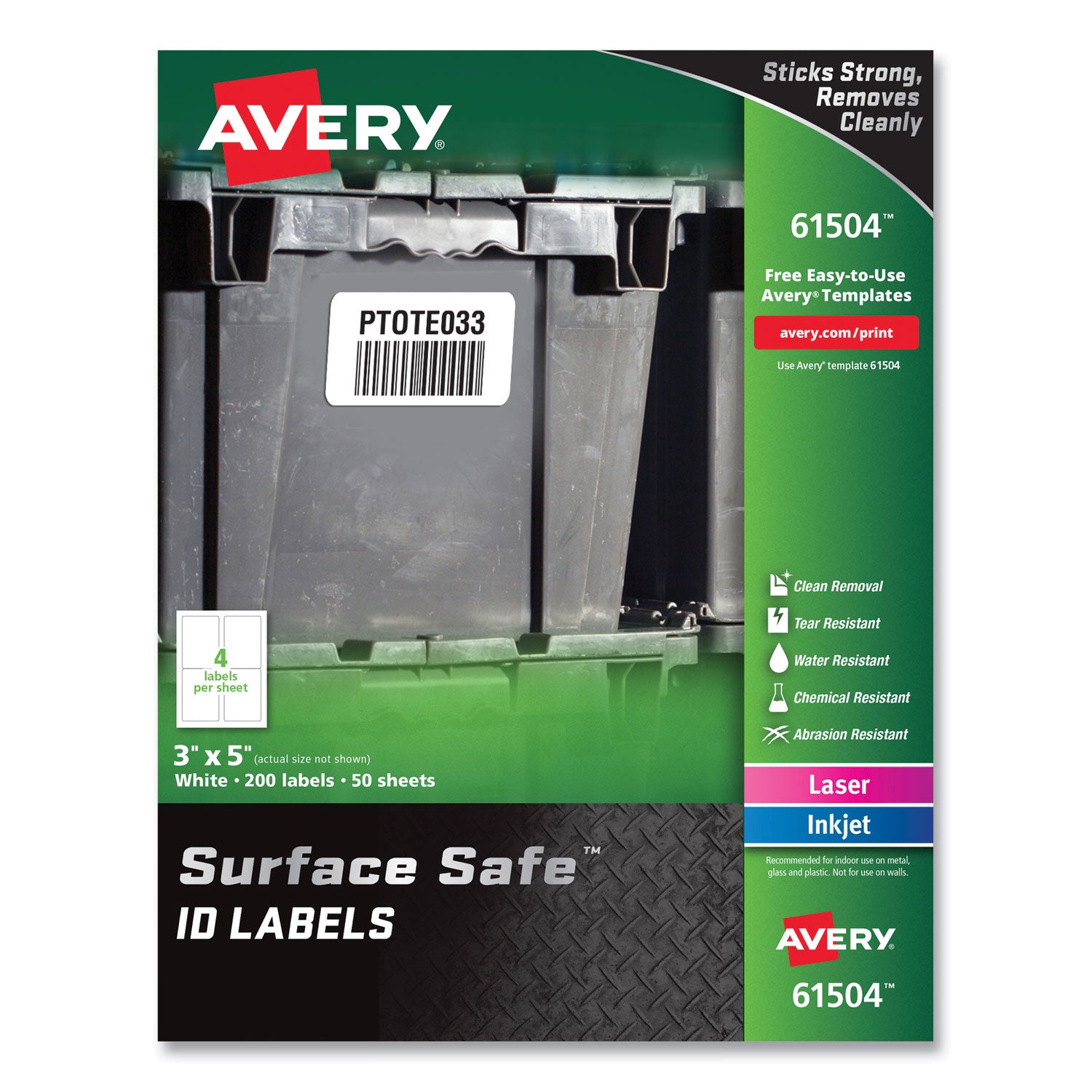 Surface Safe ID Labels, 3 x 5, White, 4/Sheet, 50 Sheets/Box