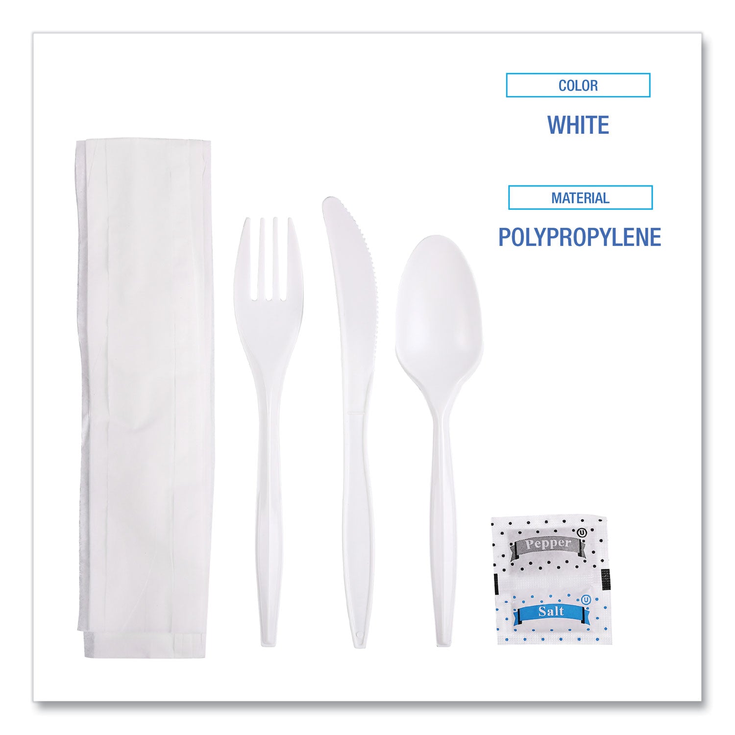 Boardwalk® Cutlery Kit, Plastic Fork/Spoon/Knife/Salt/Polypropylene/Napkin, White, 250/Carton