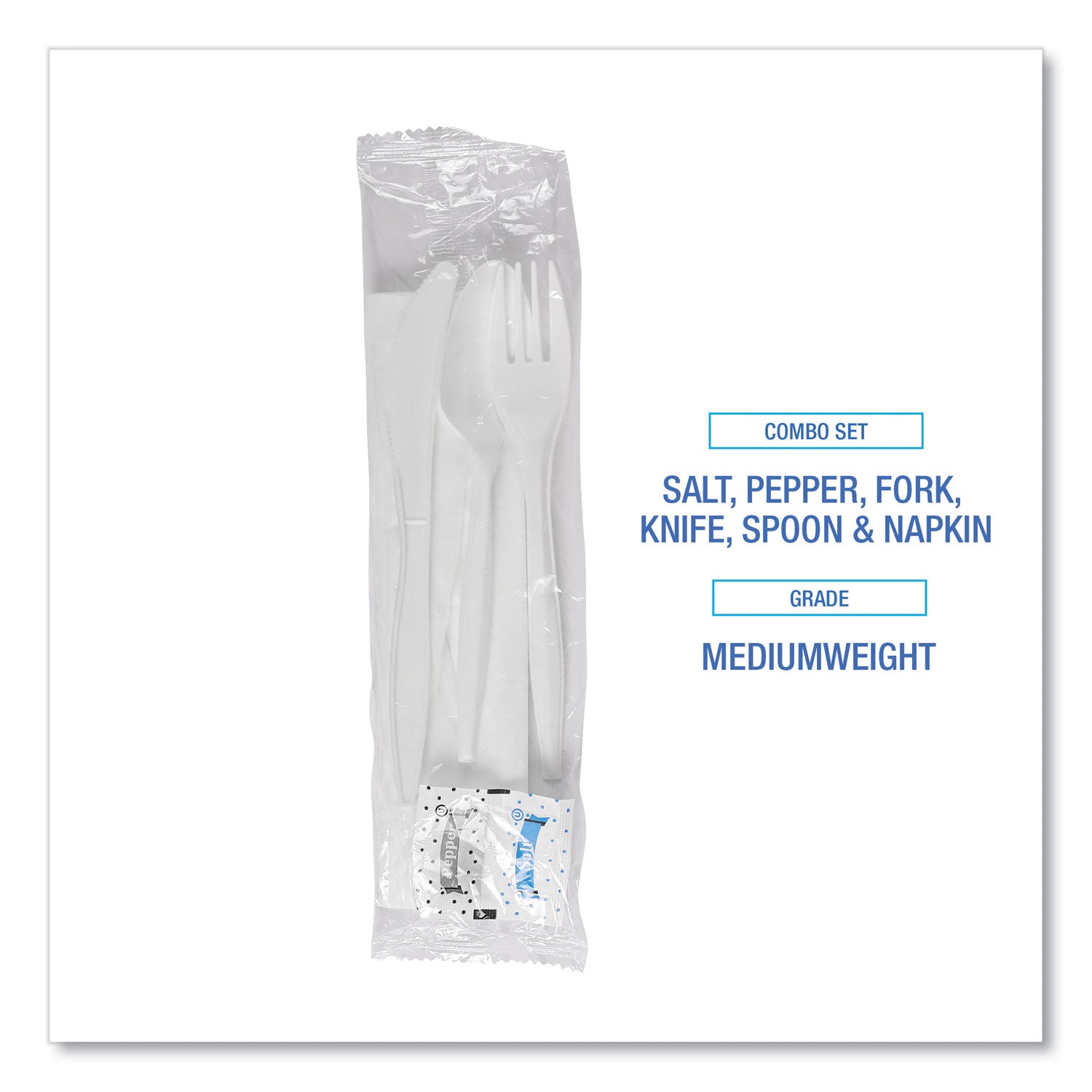 Boardwalk® Cutlery Kit, Plastic Fork/Spoon/Knife/Salt/Polypropylene/Napkin, White, 250/Carton