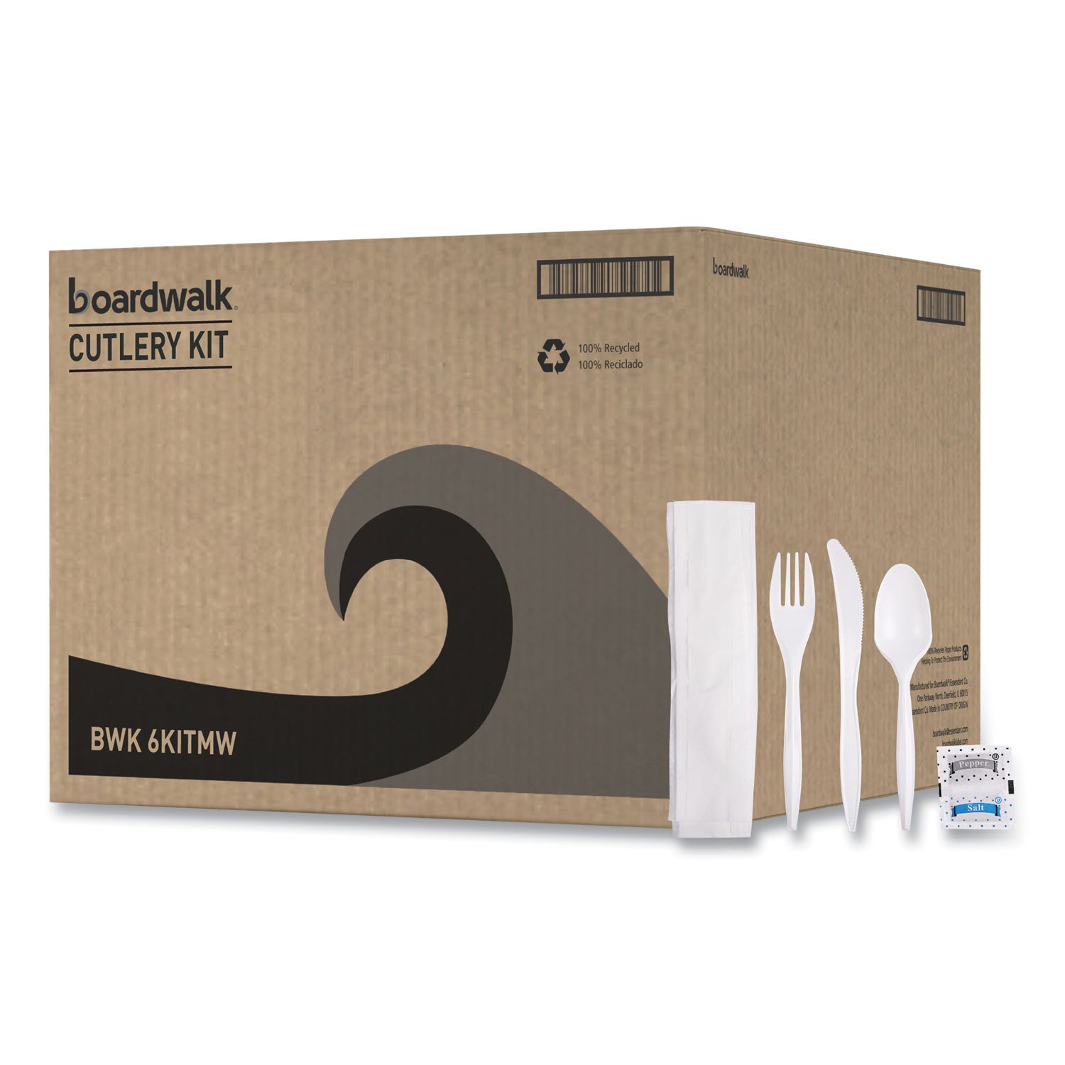 Boardwalk® Cutlery Kit, Plastic Fork/Spoon/Knife/Salt/Polypropylene/Napkin, White, 250/Carton