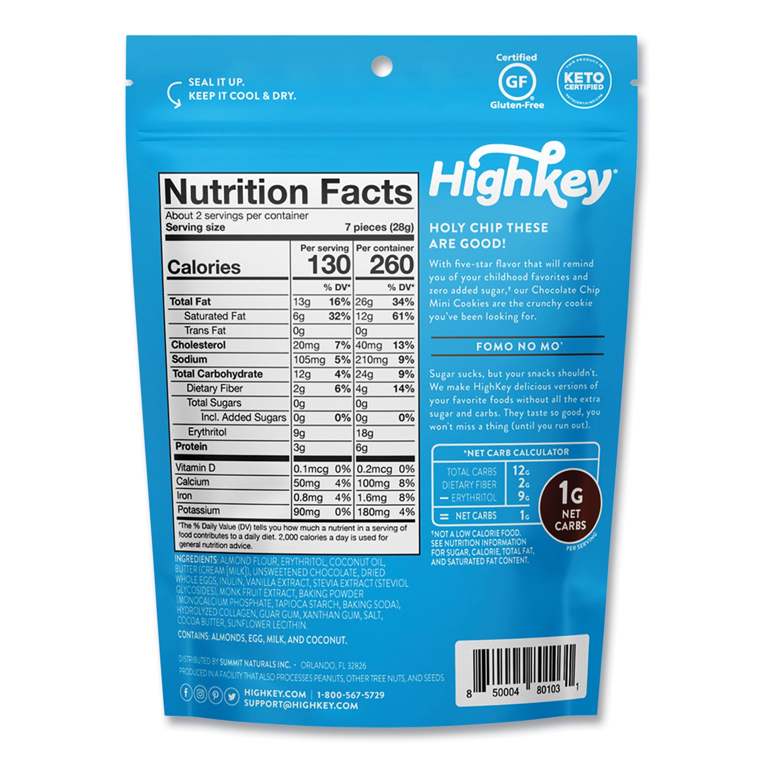 Chocolate Chip Cookies, 2 oz, Bag, 6/Carton HighKey® Flipcost