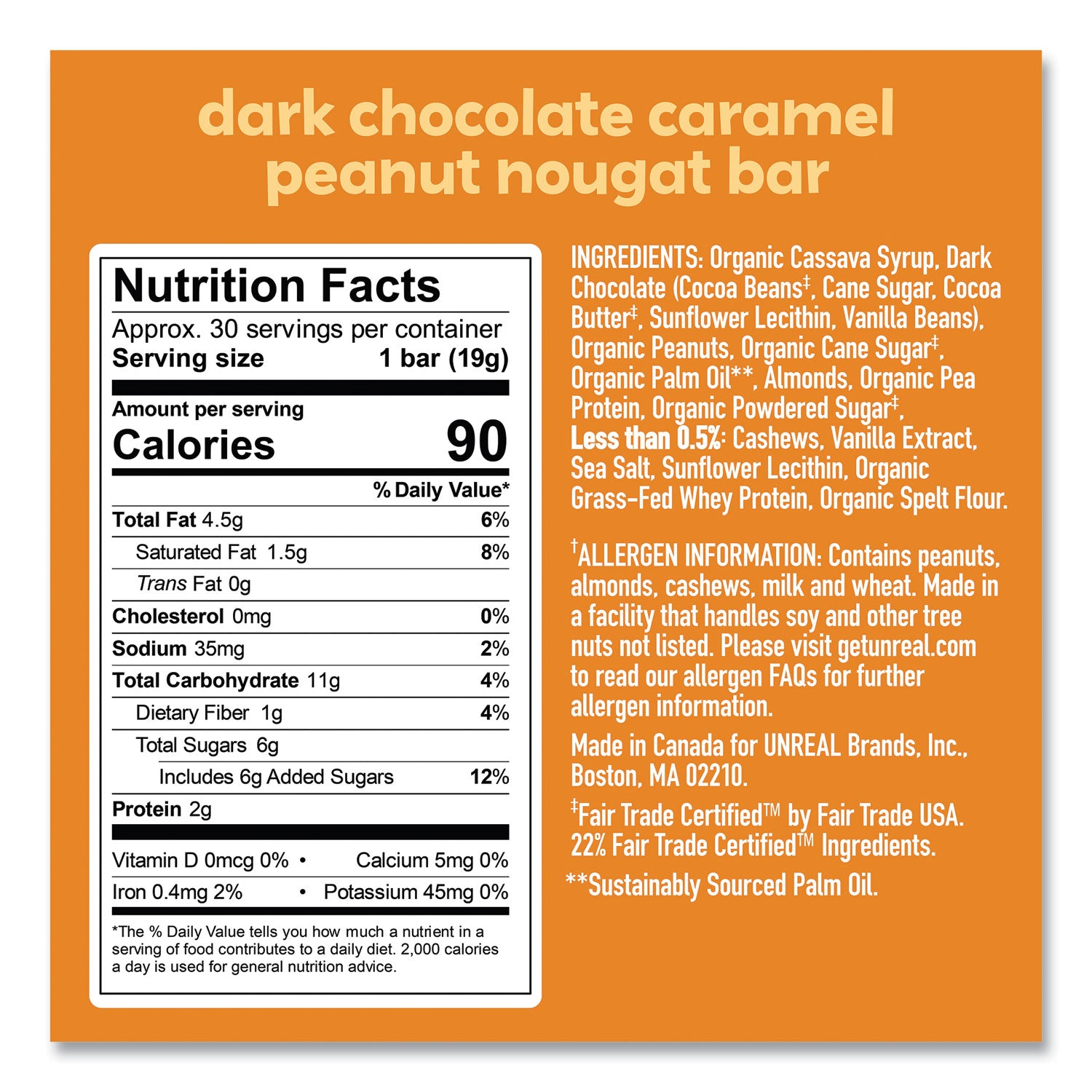 UNREAL® Dark Chocolate Caramel Peanut Nougat Bars, 0.67 oz Individually Wrapped, 40/Pack