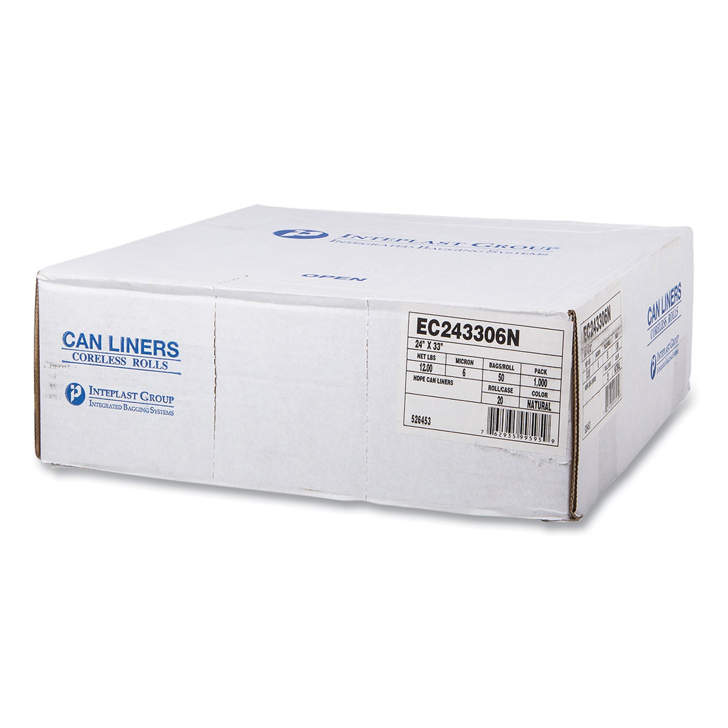 Inteplast Group High-Density Commercial Can Liners, 16 gal, 6 mic, 24" x 33", Natural, Perforated Roll, 50 Bags/Roll, 20 Rolls/Carton