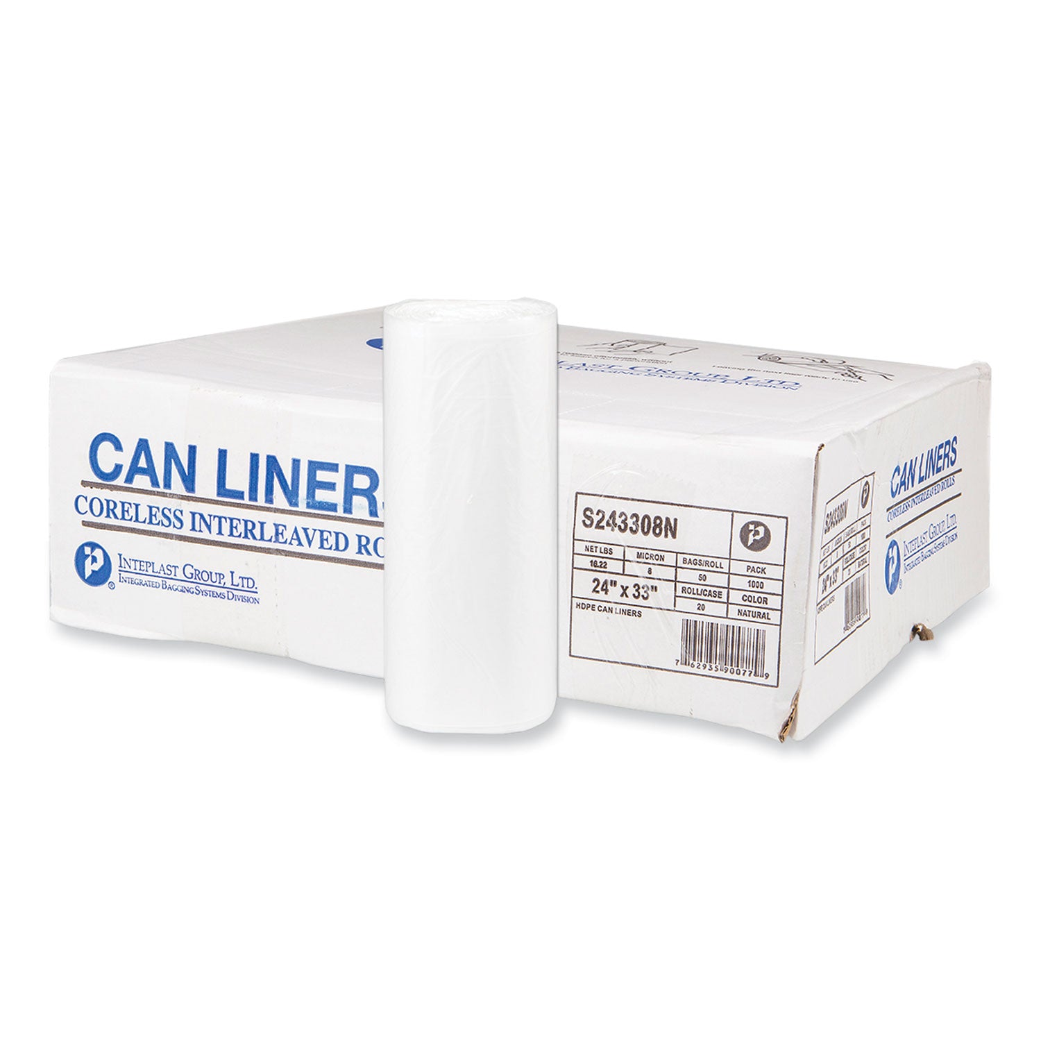 High-Density Commercial Can Liners, 16 gal, 8 mic, 24" x 33", Natural, Interleaved Roll, 50 Bags/Roll, 20 Rolls/Carton