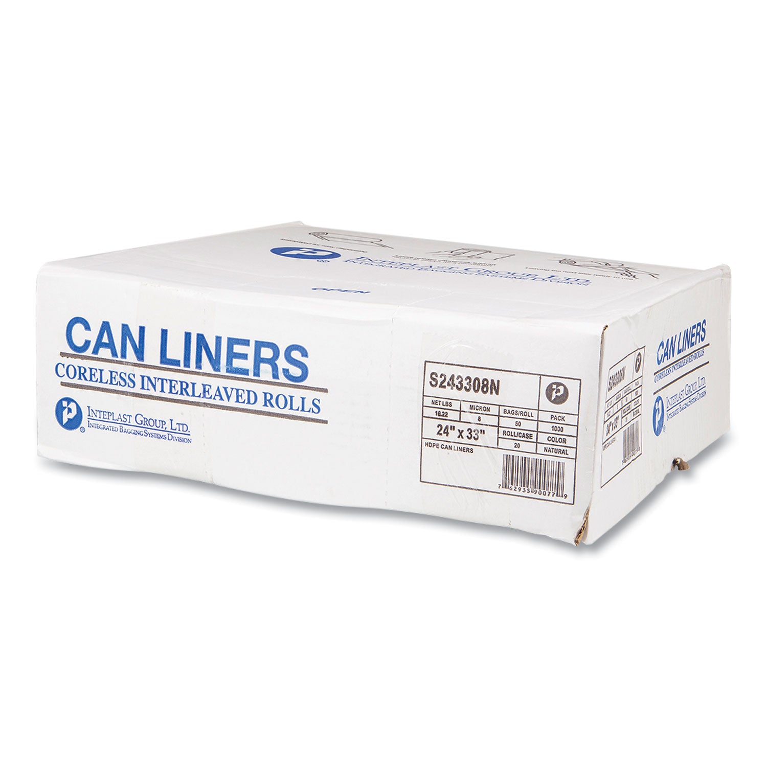 Inteplast Group High-Density Commercial Can Liners, 16 gal, 8 mic, 24" x 33", Natural, Interleaved Roll, 50 Bags/Roll, 20 Rolls/Carton