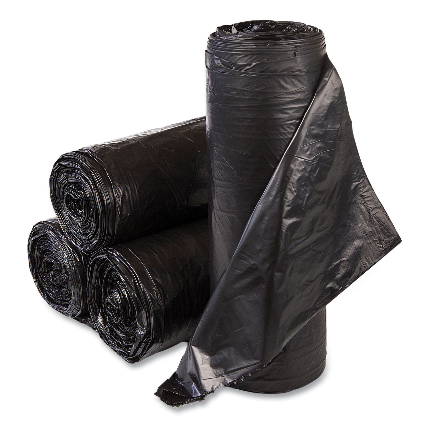 High-Density Commercial Can Liners, 33 gal, 22 mic, 33" x 40", Black, Interleaved Roll, 25 Bags/Roll, 10 Rolls/Carton