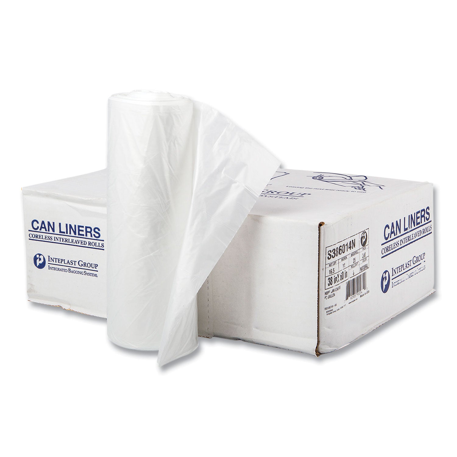 High-Density Commercial Can Liners, 60 gal, 14 mic, 38" x 60", Clear, Interleaved Roll, 25 Bags/Roll, 8 Rolls/Carton