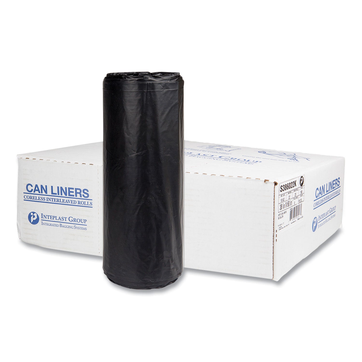 High-Density Commercial Can Liners, 60 gal, 22 mic, 38" x 60", Black, Interleaved Roll, 25 Bags/Roll, 6 Rolls/Carton