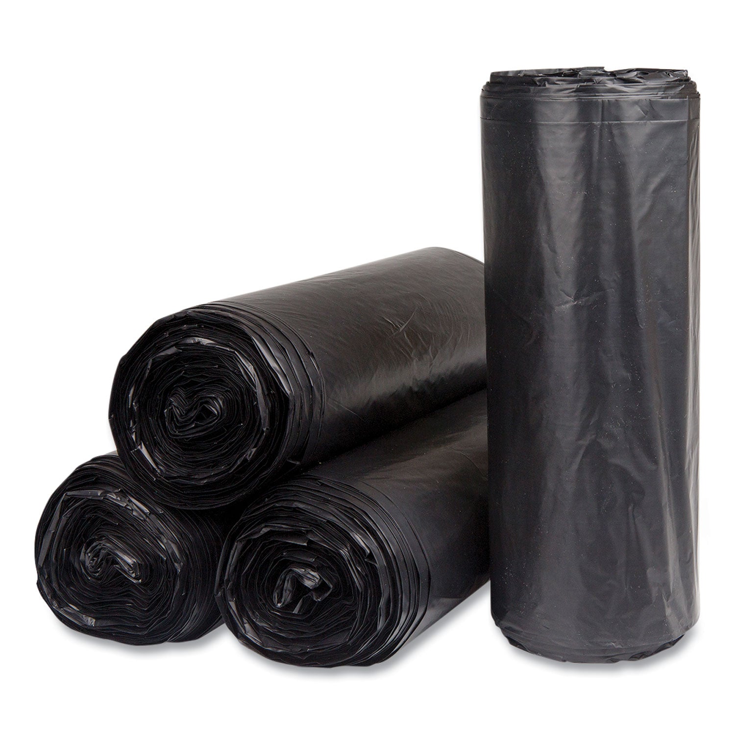 Inteplast Group High-Density Commercial Can Liners, 60 gal, 22 mic, 38" x 60", Black, Interleaved Roll, 25 Bags/Roll, 6 Rolls/Carton