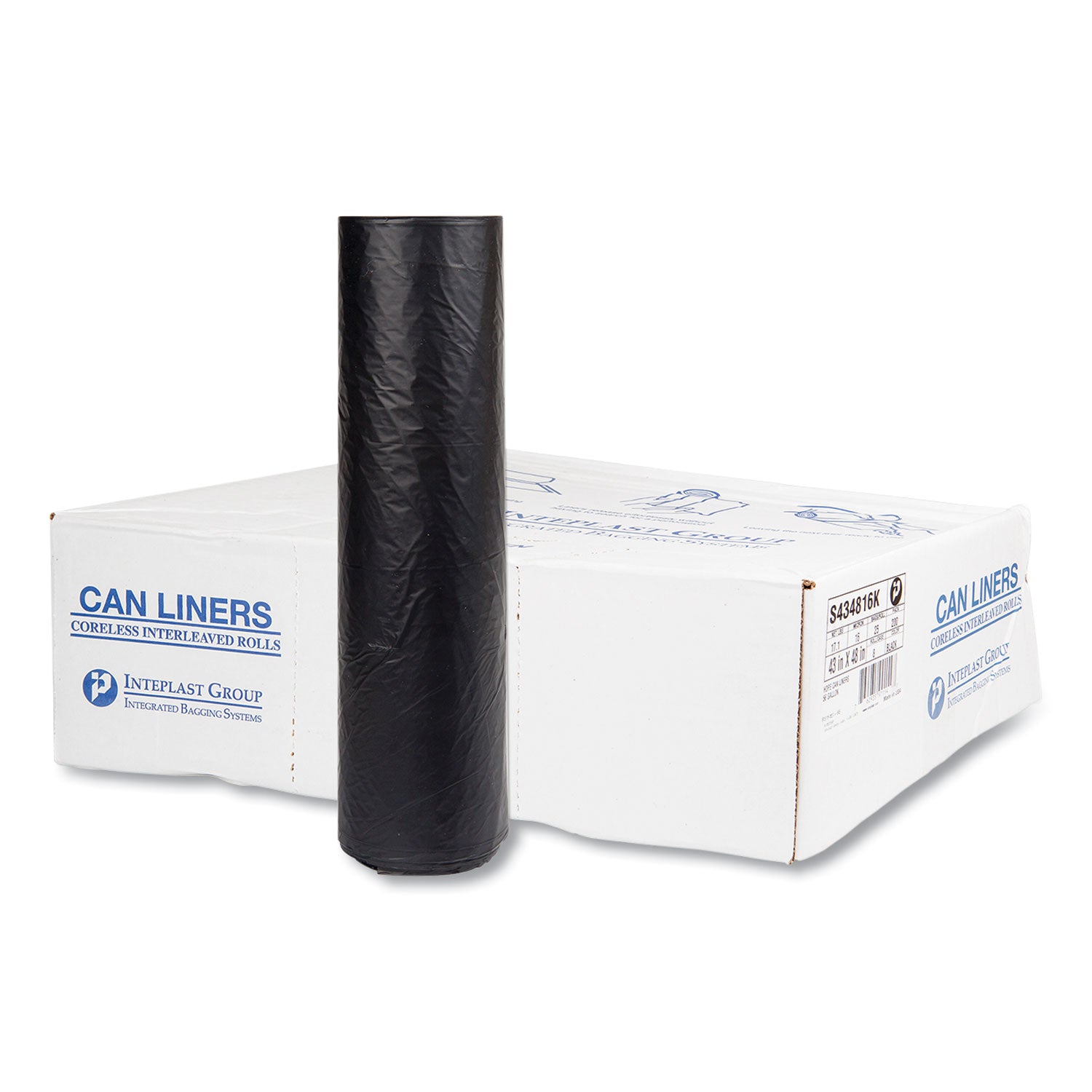 High-Density Commercial Can Liners, 60 gal, 16 mic, 43" x 48", Black, Interleaved Roll, 25 Bags/Roll, 8 Rolls/Carton