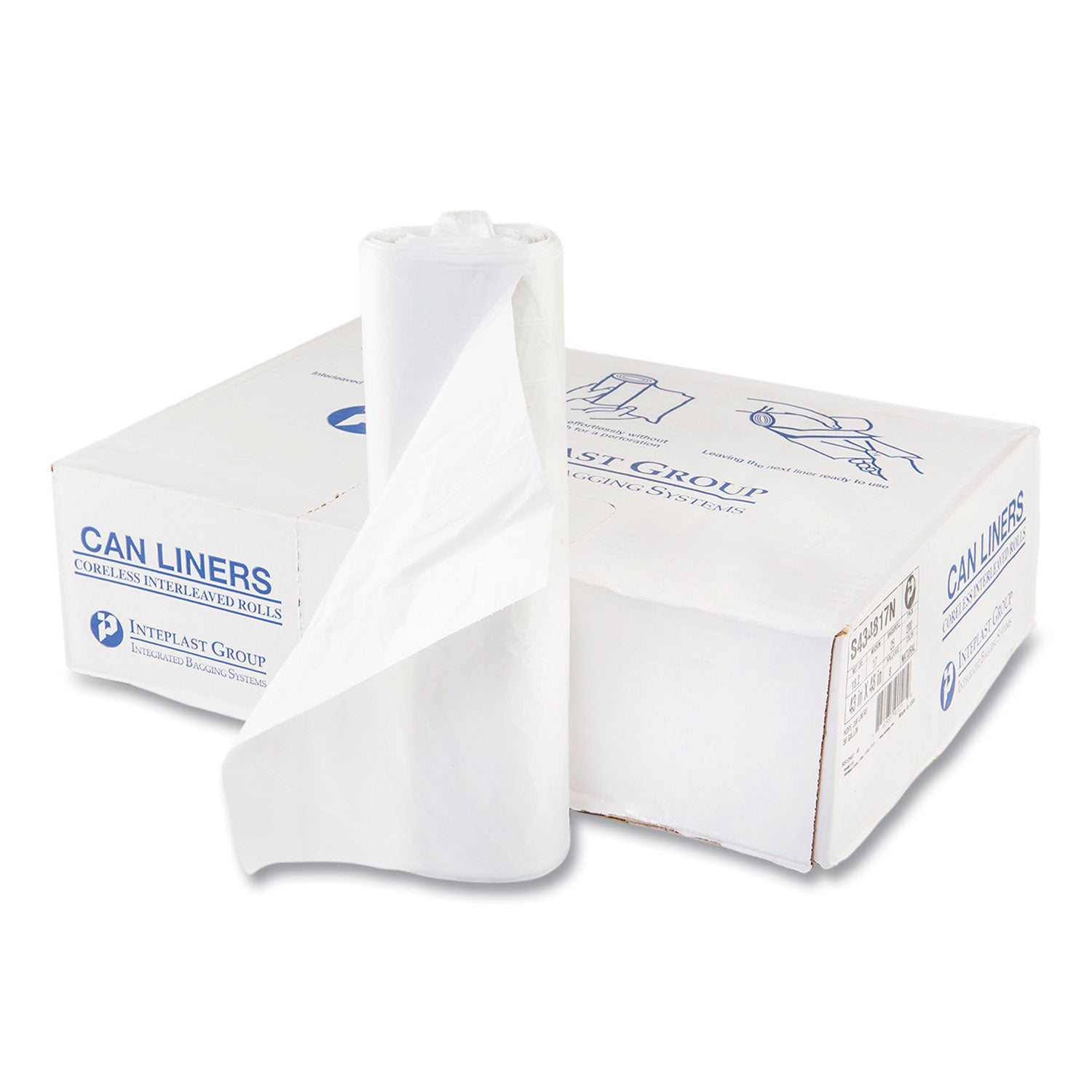 High-Density Commercial Can Liners, 60 gal, 17 mic, 43" x 48", Clear, Interleaved Roll, 25 Bags/Roll, 8 Rolls/Carton