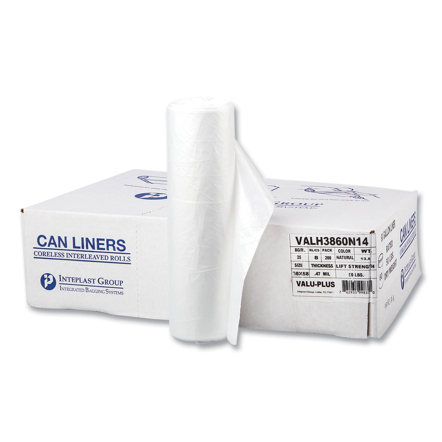 High-Density Commercial Can Liner Value Pack, 60 gal, 12 mic, 38" x 58", Clear, Interleaved Roll, 25 Bags/Roll, 8 Rolls/CT