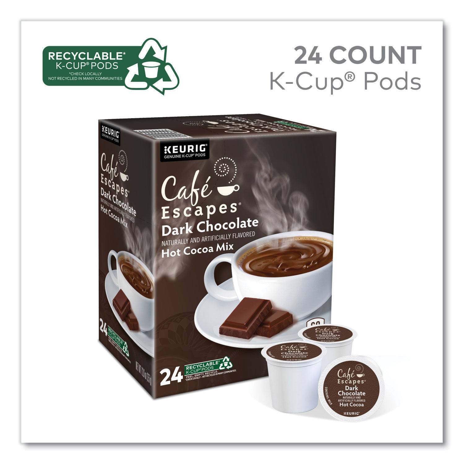 Café Escapes® Dark Chocolate Hot Cocoa K-Cups, 24/Box, 4 Box/Carton