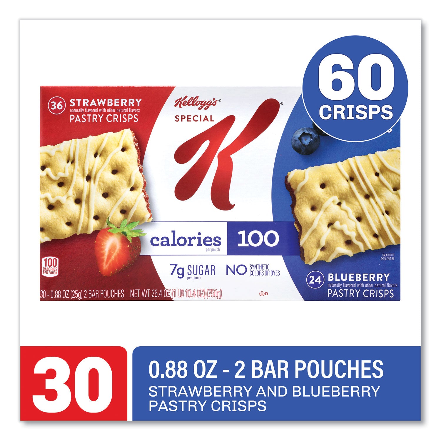 Kellogg's® Special K Pastry Crisps, (36) Strawberry; (24) Blueberry, 0.88 oz, 2/Pouch, 30 Pouches/Carton