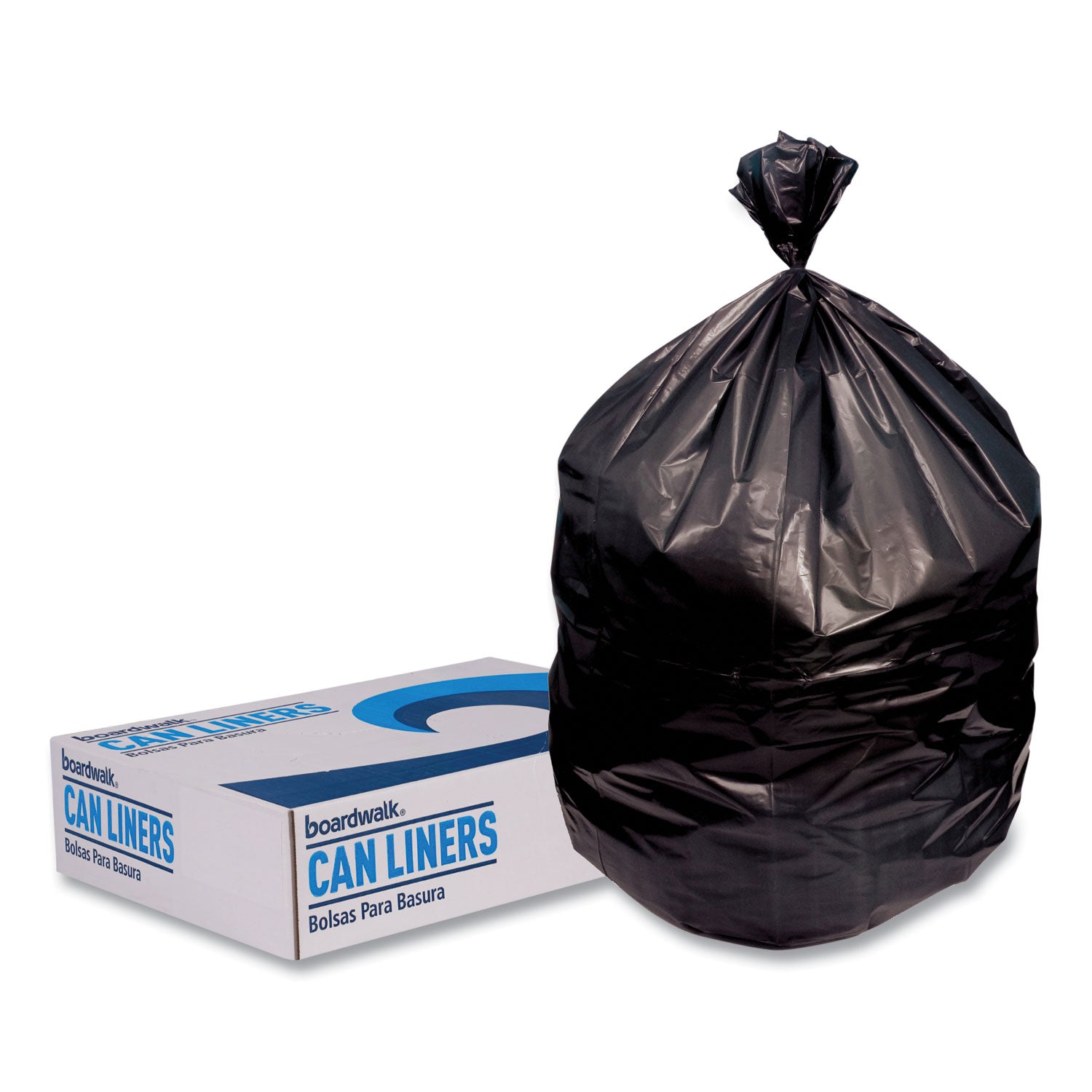 Boardwalk® Low-Density Waste Can Liners, 23 gal, 0.9 mil, 28" x 45", Black, Perforated Roll, 25 Bags/Roll, 8 Rolls/Carton