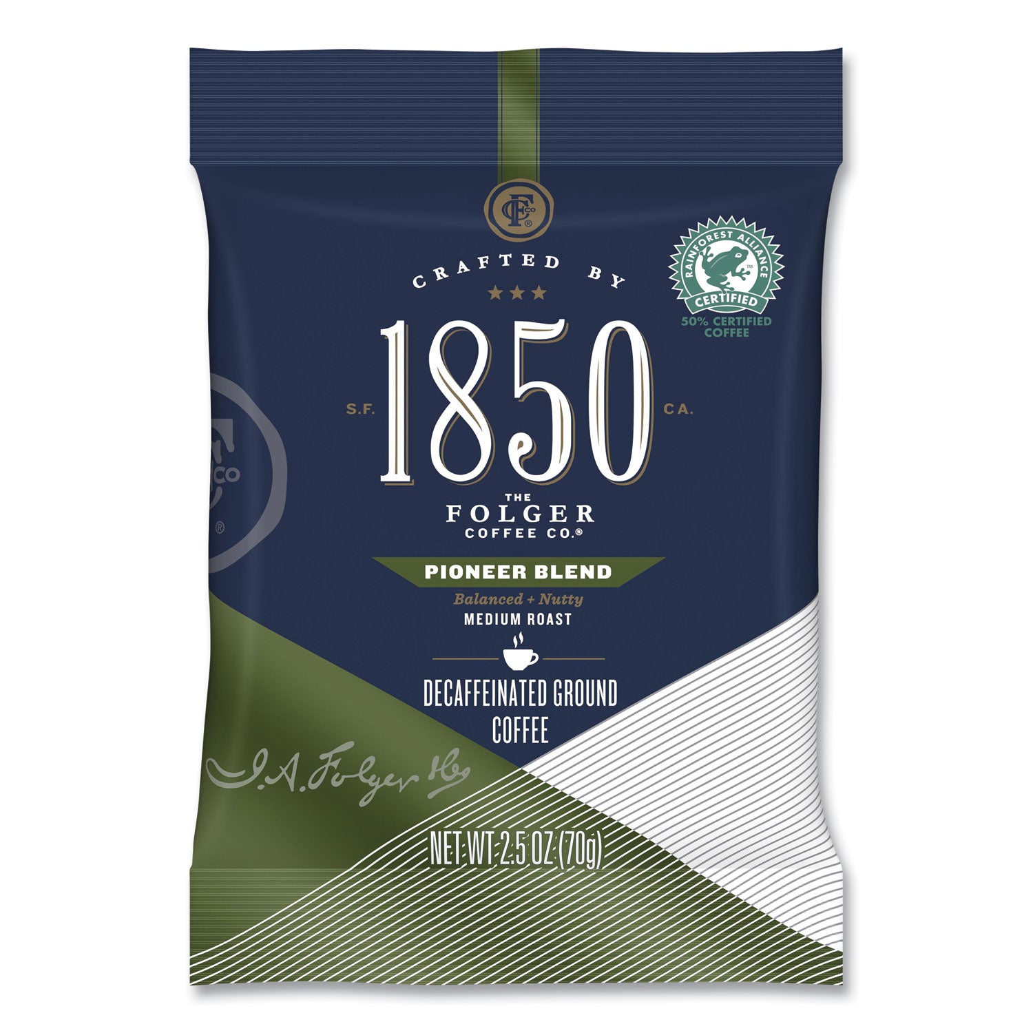 1850 Coffee Fraction Packs, Pioneer Blend Decaf, Medium Roast, 2.5 oz Pack, 24 Packs/Carton