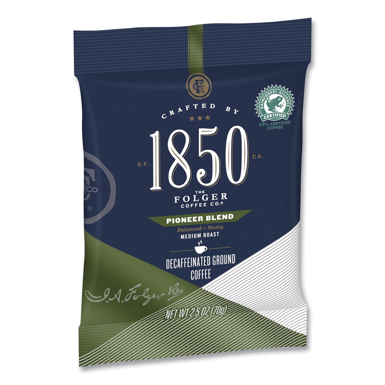 1850 Coffee Fraction Packs, Pioneer Blend Decaf, Medium Roast, 2.5 oz Pack, 24 Packs/Carton