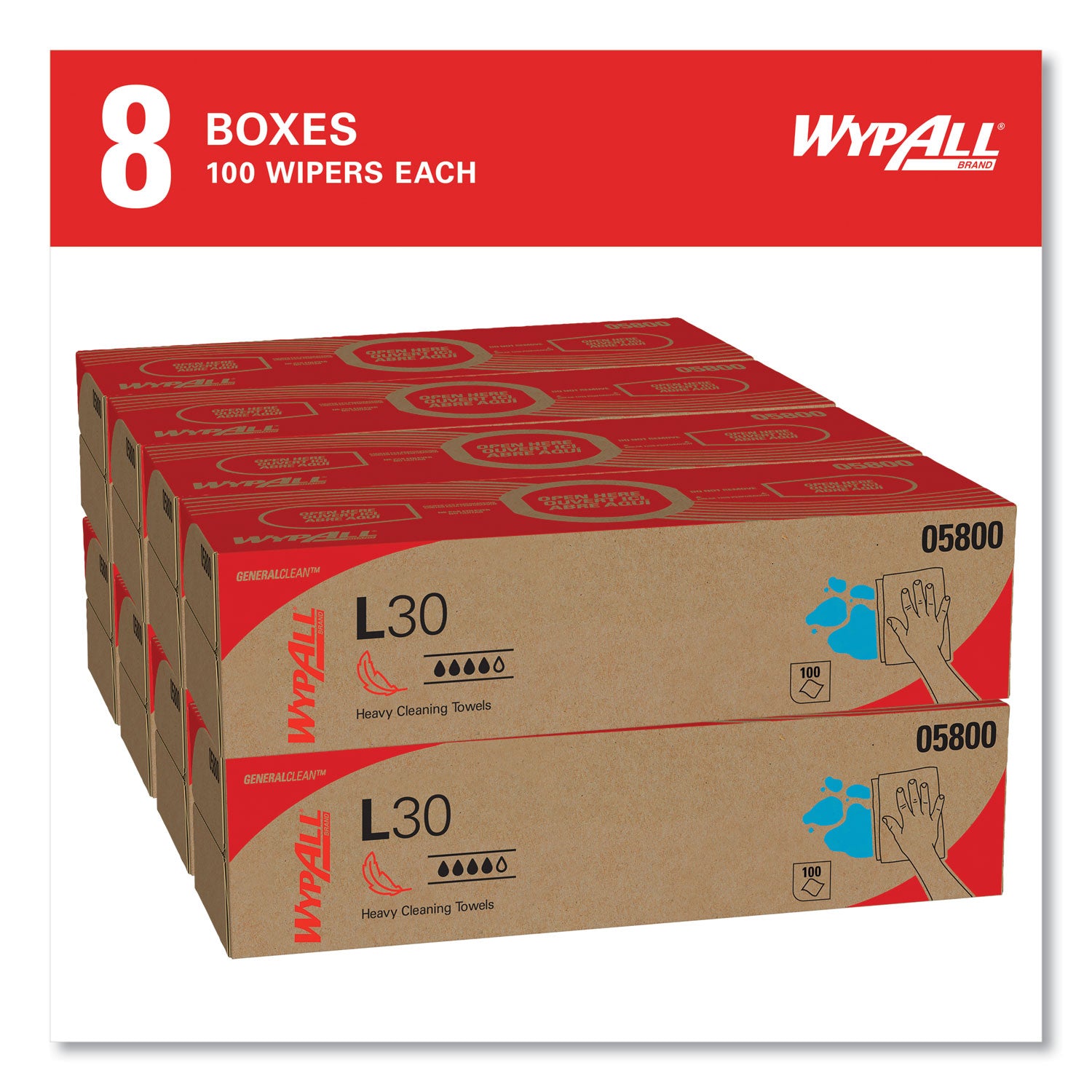 WypAll® L30 Towels, POP-UP Box, 16.4 x 9.8, White, 100/Box, 8 Boxes/Carton