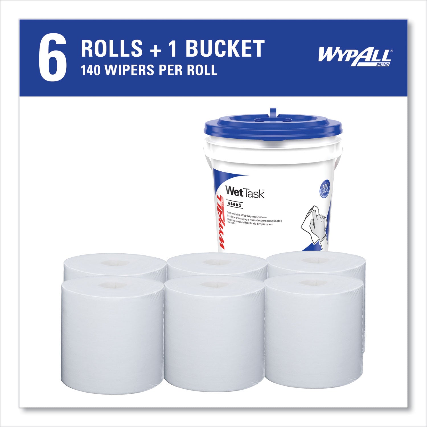 WypAll® Critical Clean Wipers for Bleach, Disinfectants, Sanitizers WetTask Customizable Wet Wiping System, w/Bucket,140/Roll, 6/CT