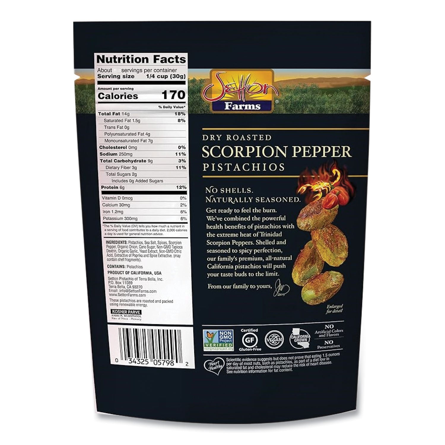 Setton Farms® Scorpion Pepper Pistachios, 2.5 oz Bag, 8/Carton